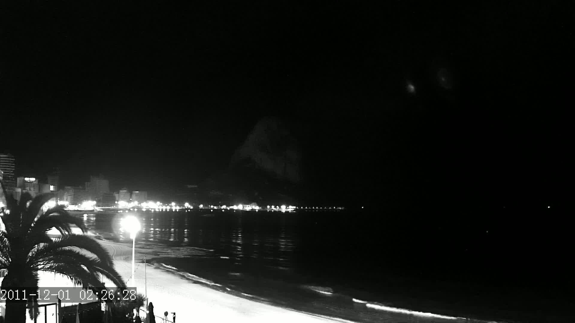 A nighttime, black and white view of a calm ocean beach with a city skyline in the distance, under a dark sky.