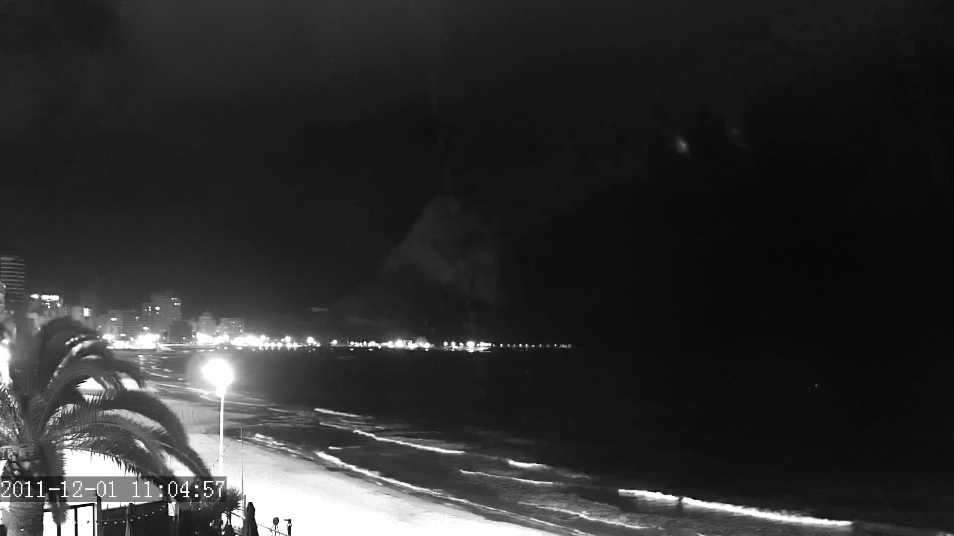 A nighttime, black and white view of a beach with gentle waves lapping the shore, under a dark sky, with a city's lights visible in the distance.