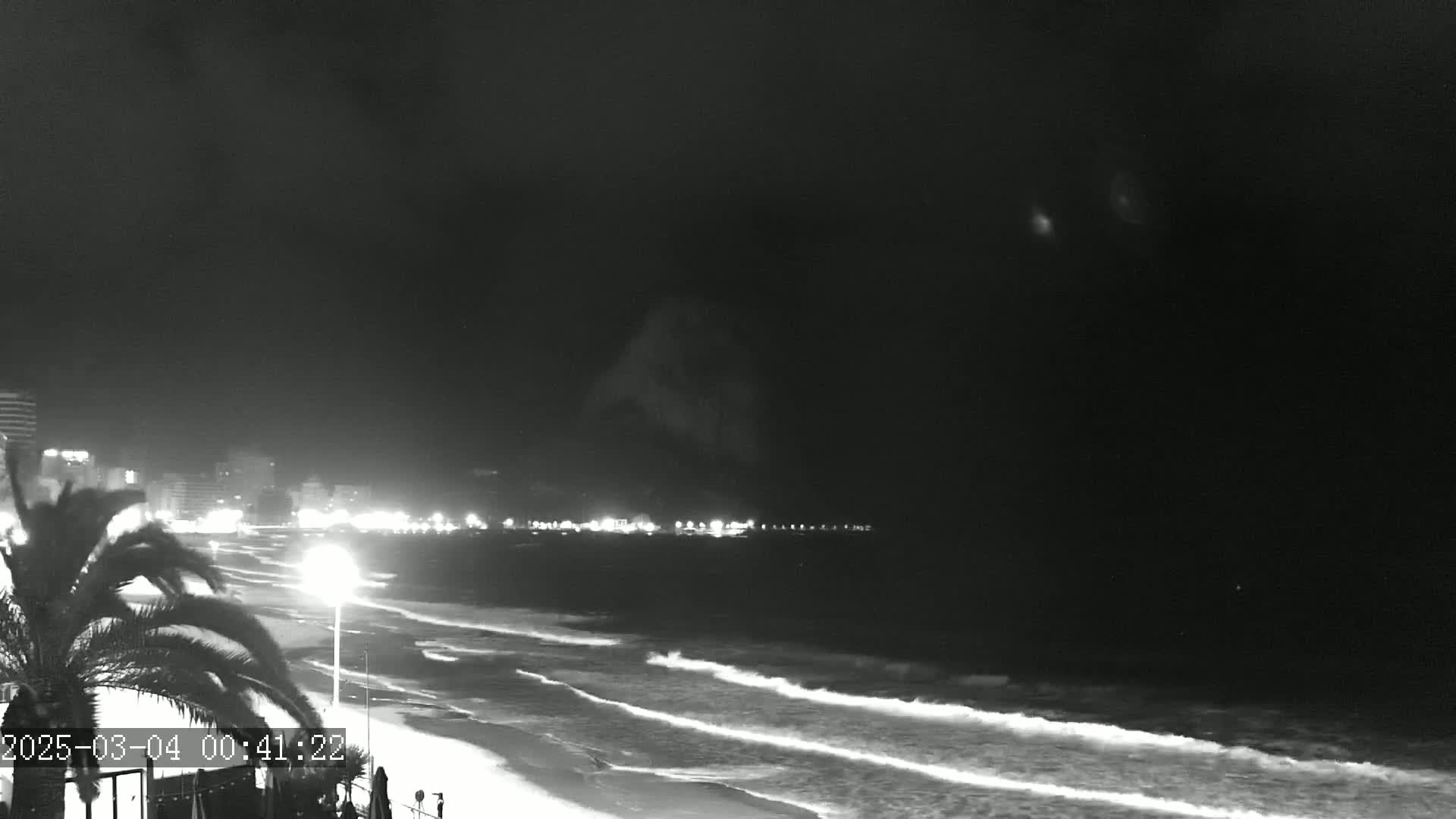 A nighttime beach scene shows gently rolling waves lapping a sandy shore under a dark, cloudy sky, with city lights visible in the distance.