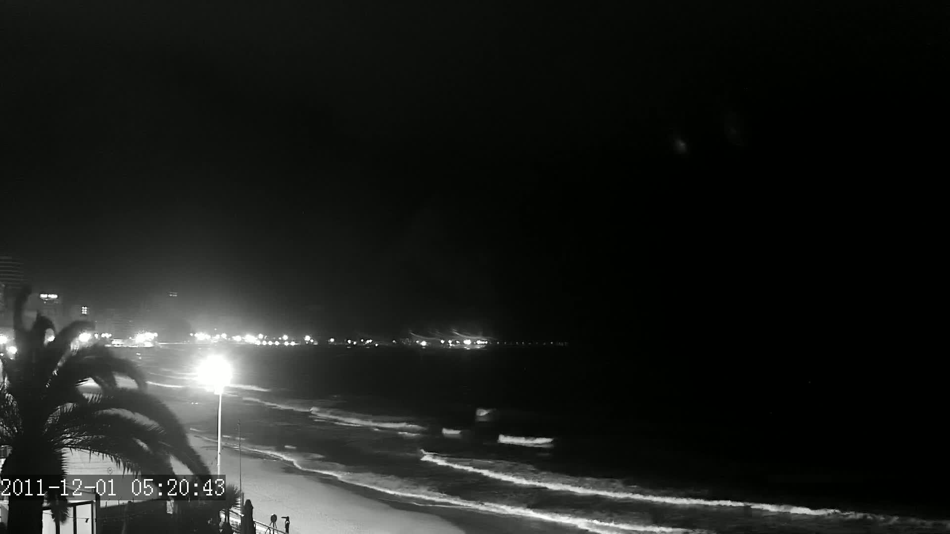 A nighttime, black and white view of a beach with gently lapping waves under a clear, dark sky, illuminated by lights from buildings in the distance.