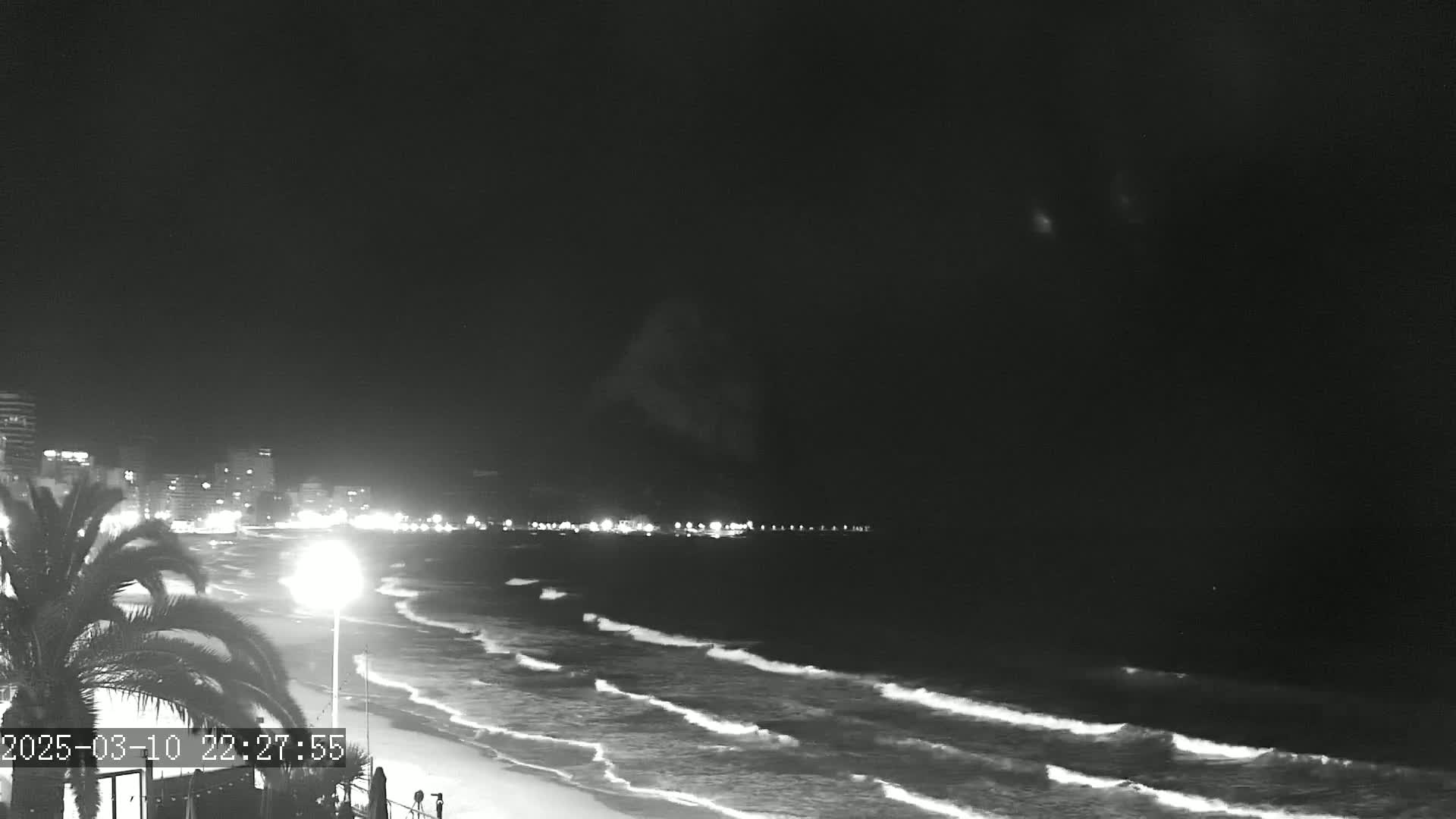 A nighttime view of a beach with gentle waves lapping the shore, under a dark sky, with city lights visible in the distance.