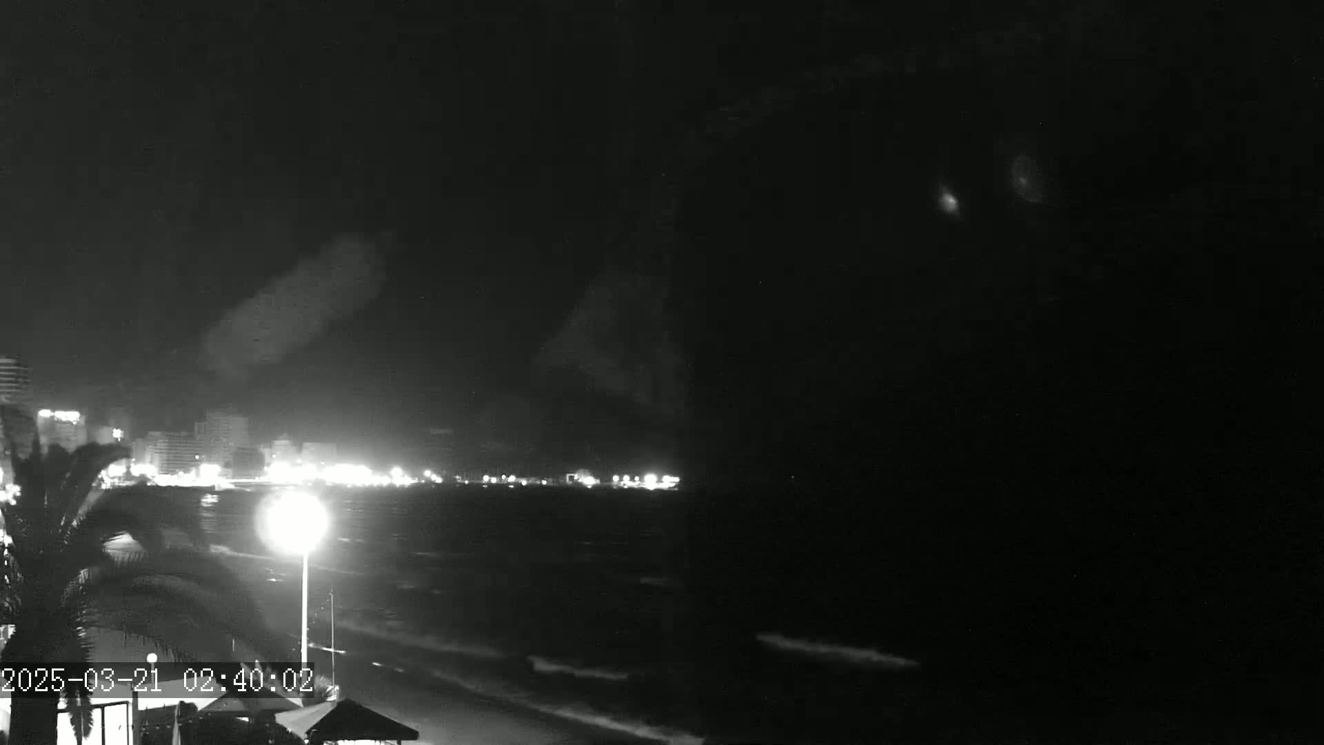 A nighttime beach scene shows a dark, wavy ocean with a city skyline faintly visible in the distance under a mostly clear sky.