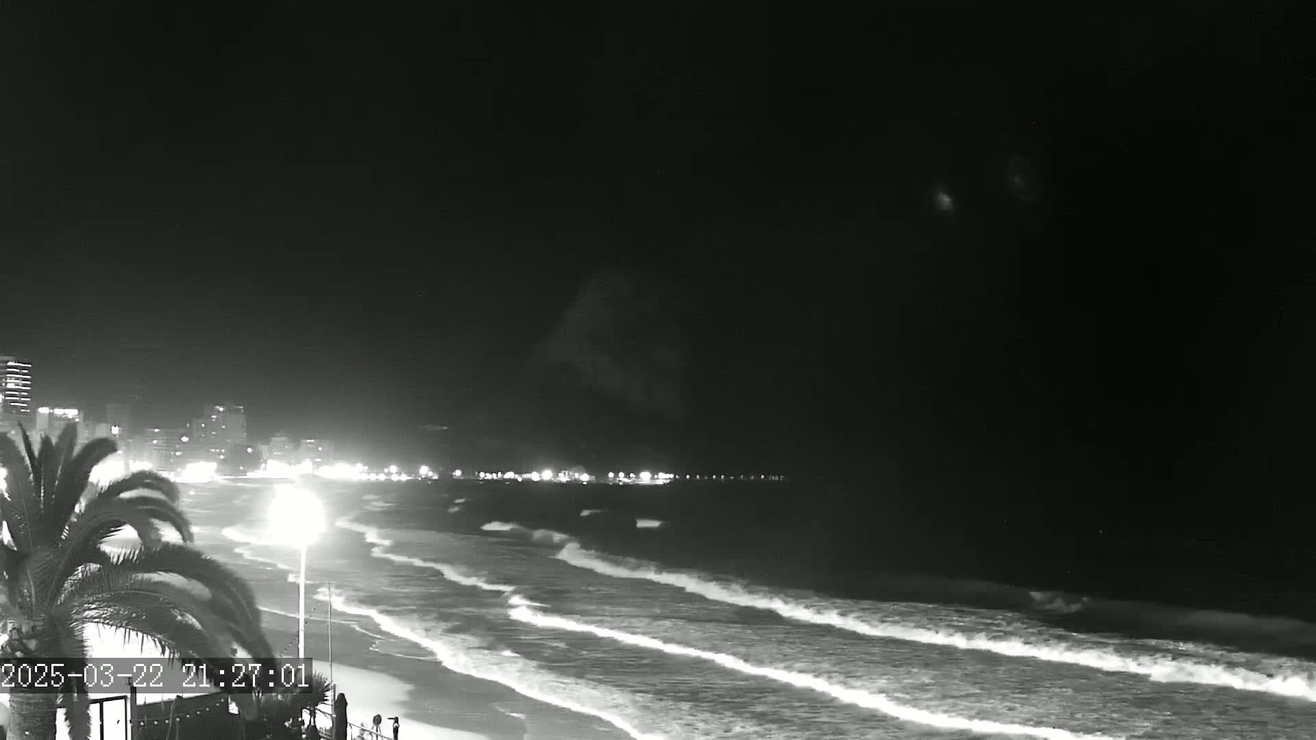 A nighttime, black and white view of a beach with waves rolling onto the shore, under a dark sky, and city lights visible in the distance.