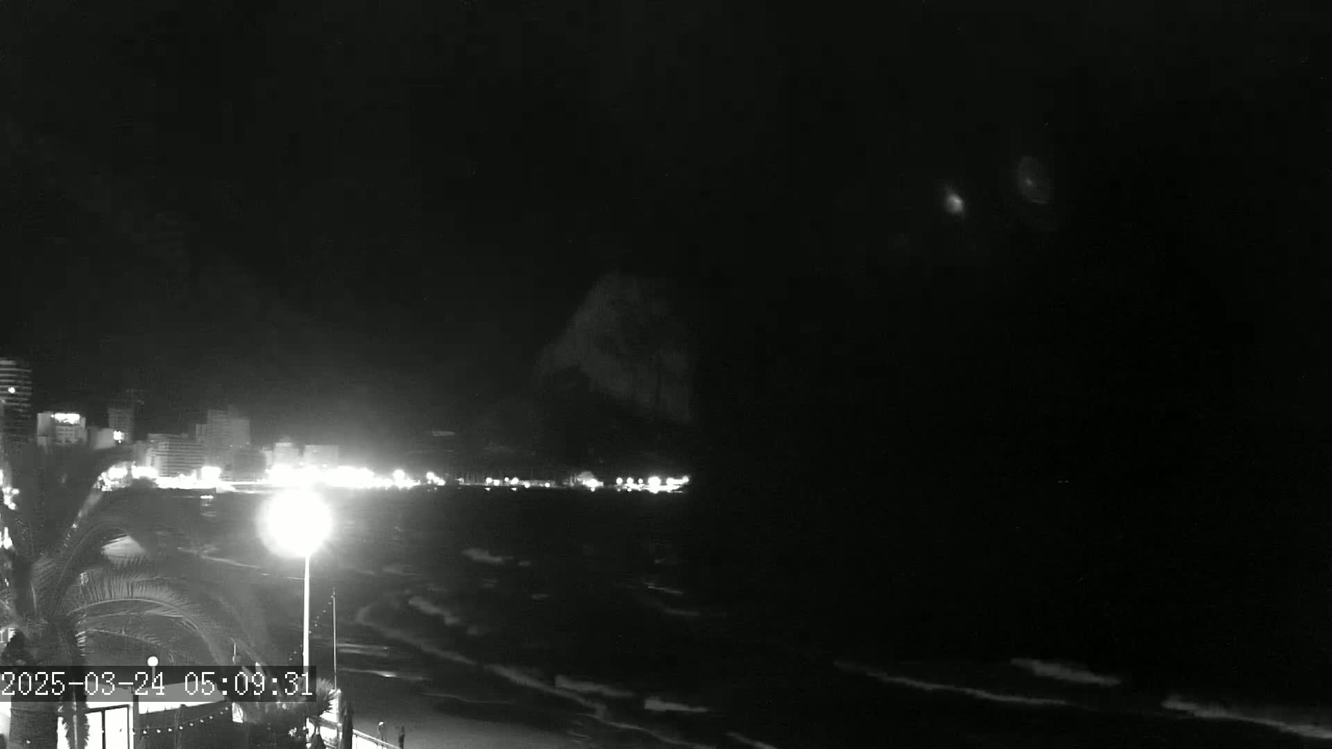 A nighttime beach scene shows a dark, wavy ocean under a mostly clear sky, with illuminated buildings and palm trees visible along the shoreline.