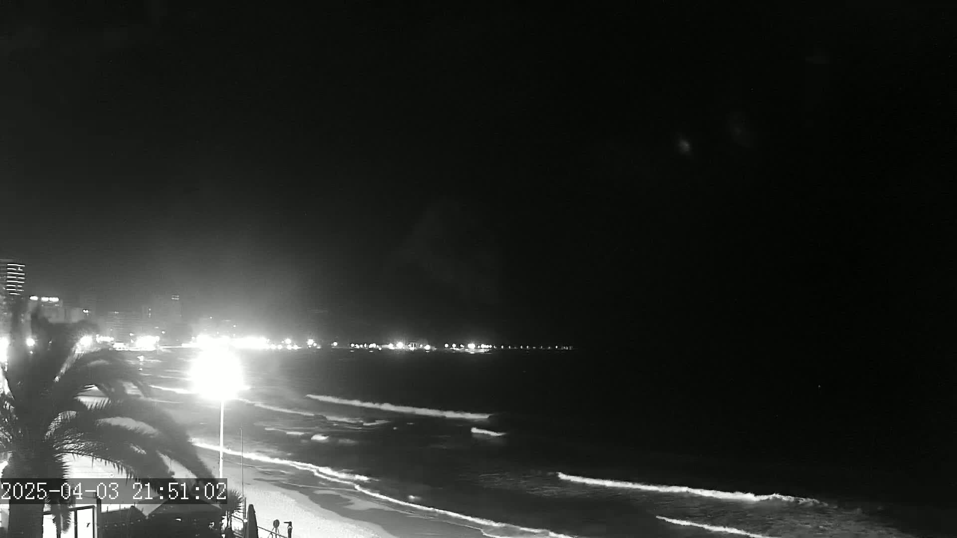 A nighttime beach scene shows gently rolling waves lapping at the shore under a clear, dark sky, with city lights visible in the distance.