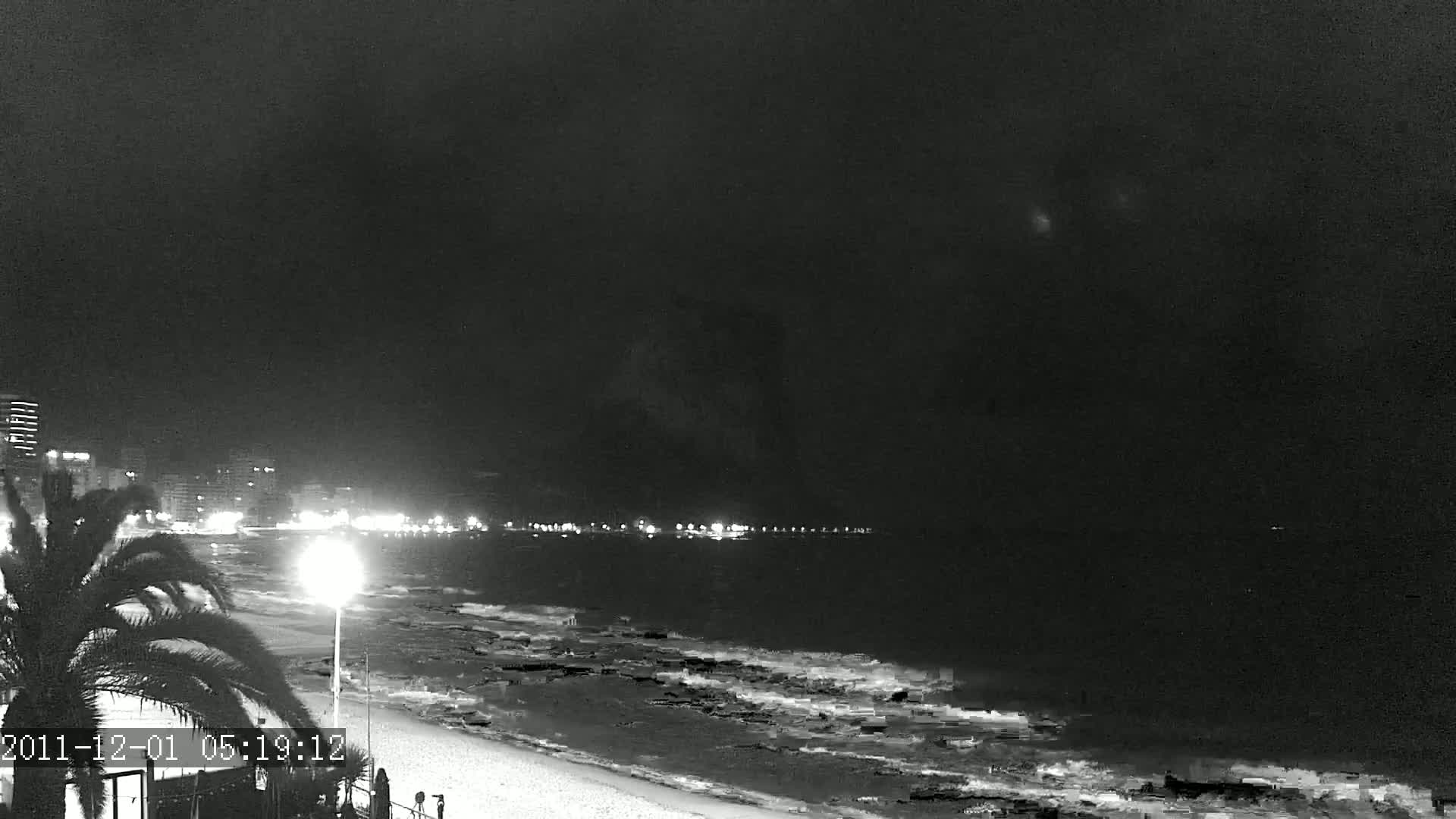 A nighttime view of a beach with gentle waves, lit by city lights across the water under a dark sky.