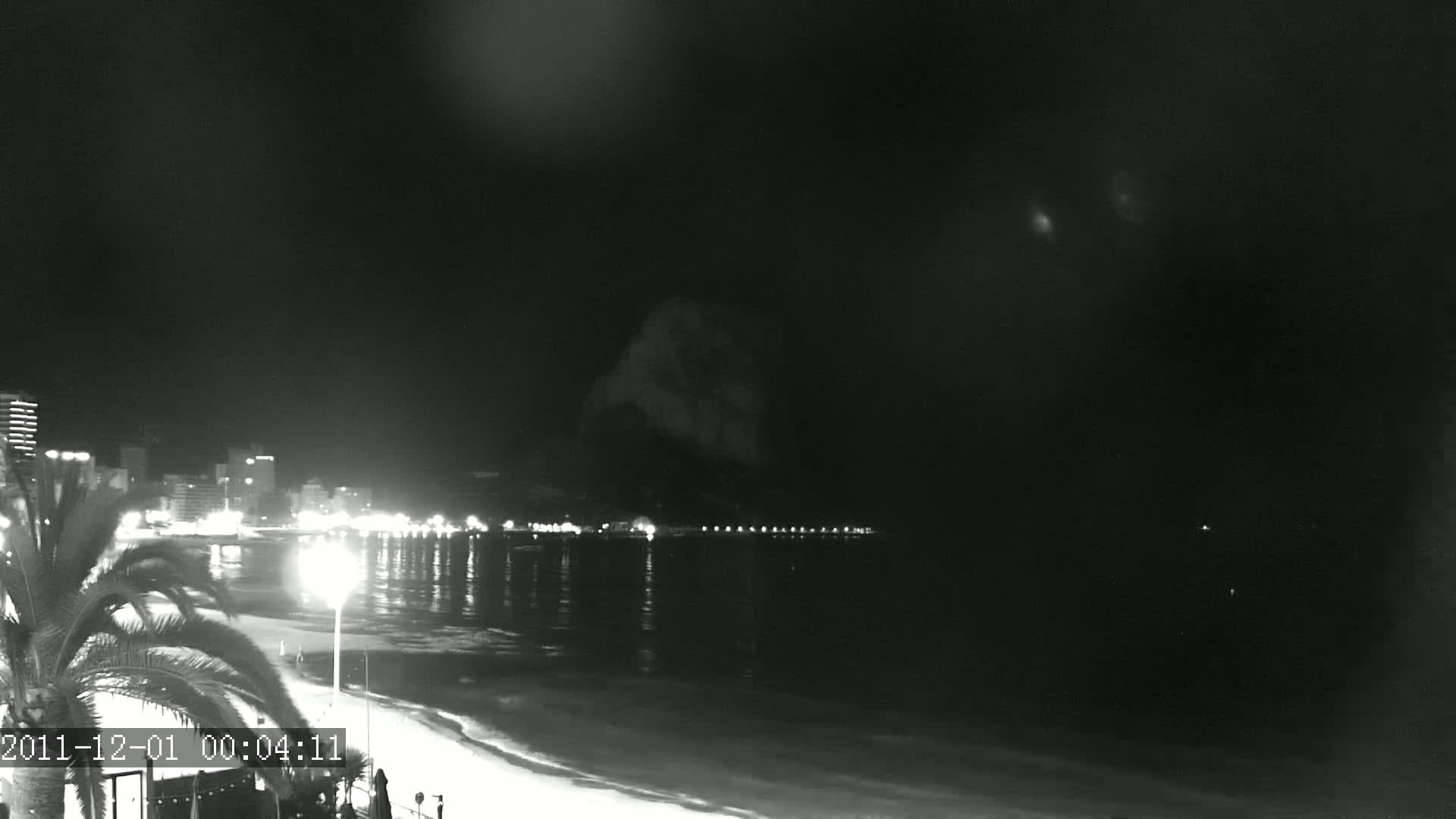 A nighttime, black and white view of a beach with a city skyline in the background, illuminated by streetlights.