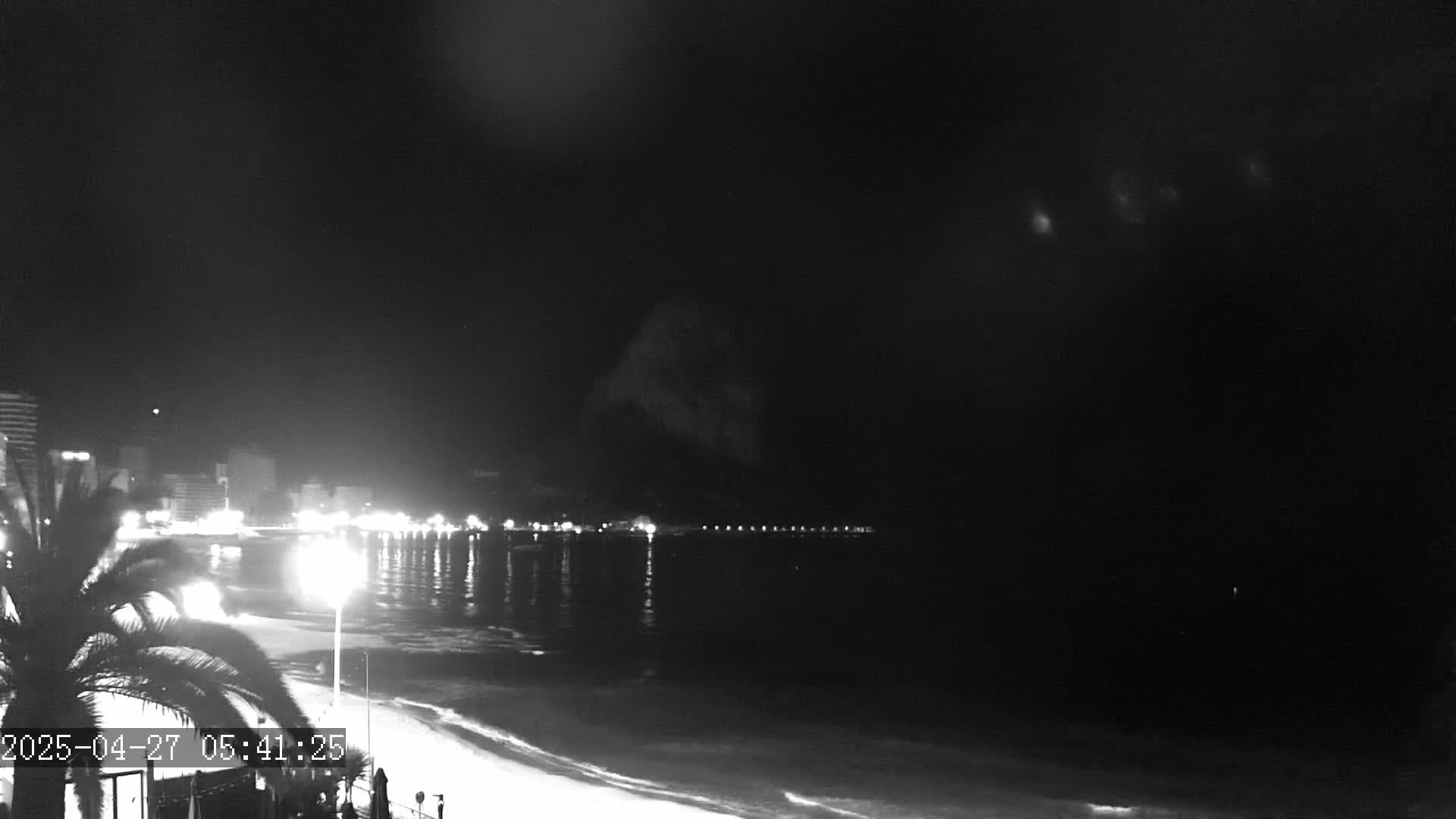 A nighttime beach scene shows a calm ocean reflecting the lights of a distant city under a dark sky.