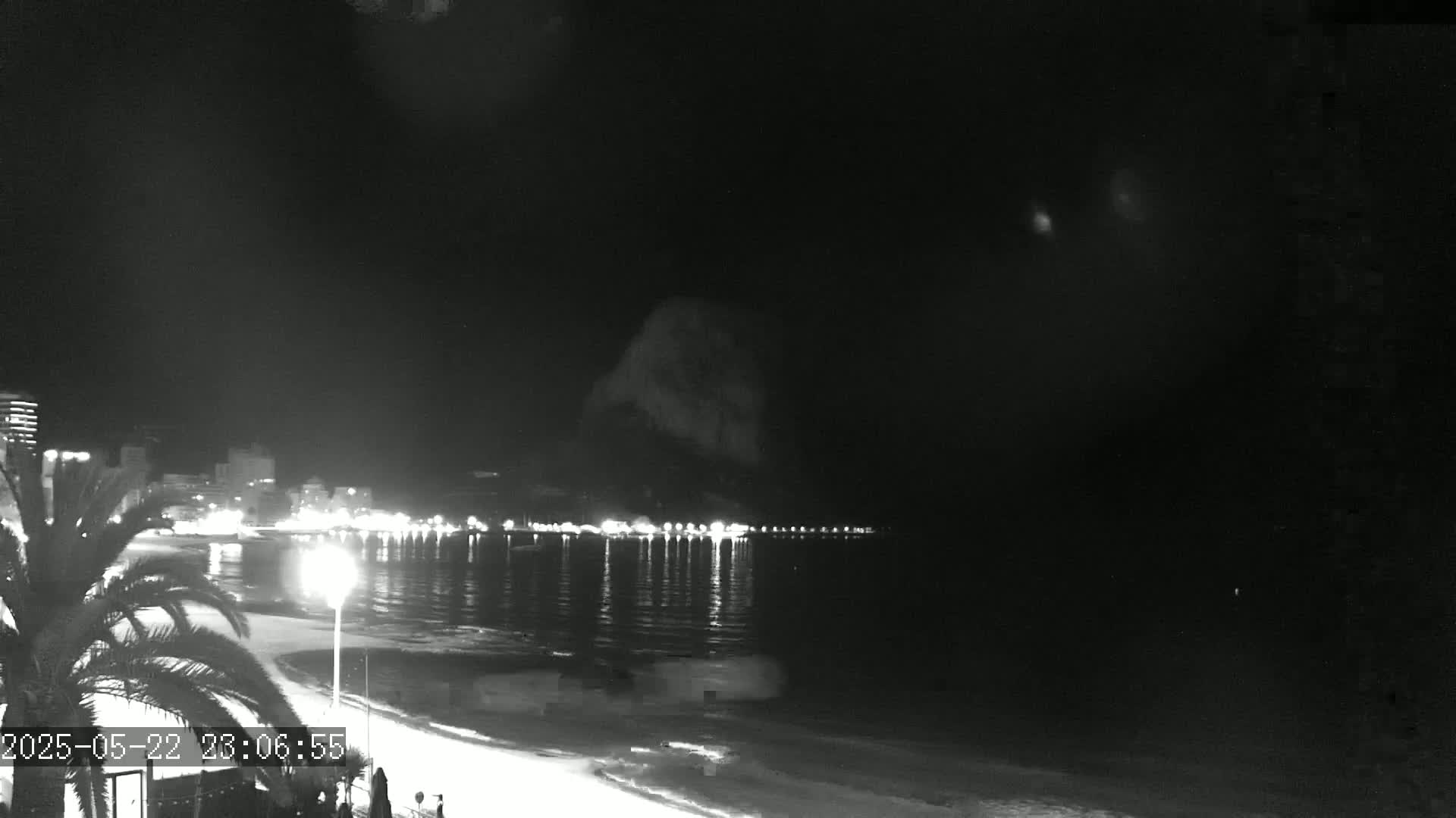 A nighttime, black and white view of a beach with a city skyline and calm water in the background under a clear sky.