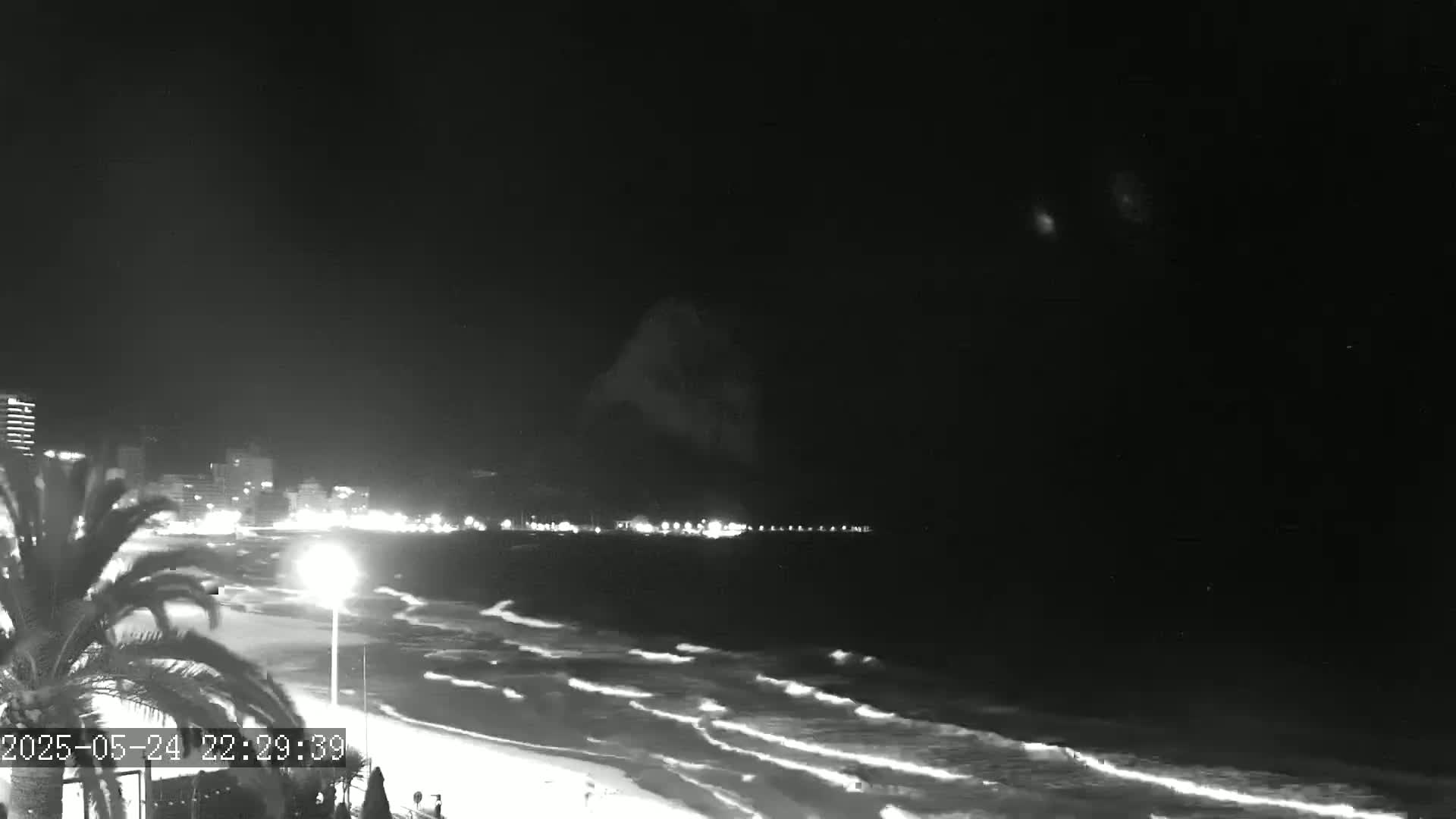 A nighttime, black and white view shows a beach with gently rolling waves under a clear, dark sky, and a city skyline with lights visible in the distance.