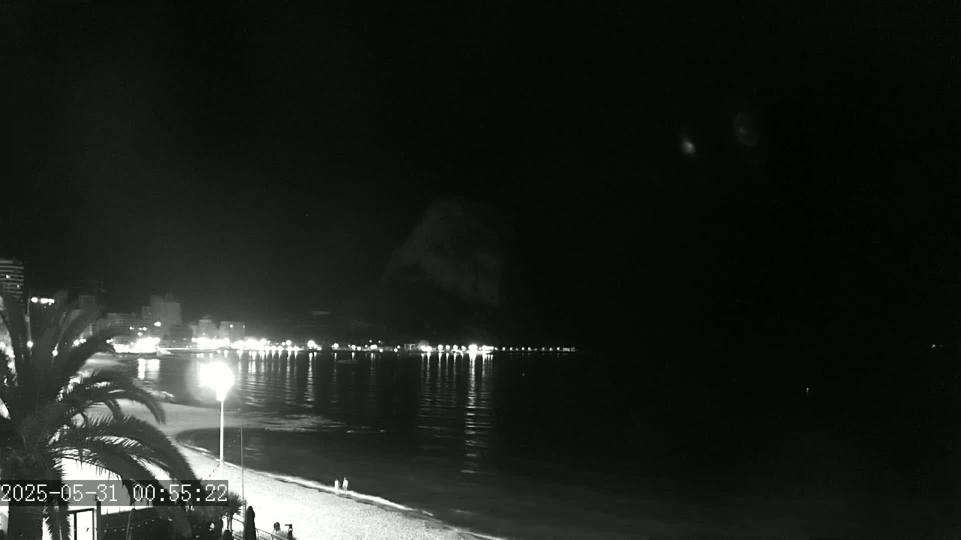 A nighttime beach scene shows a calm body of water reflecting the lights of a distant town under a dark, clear sky.
