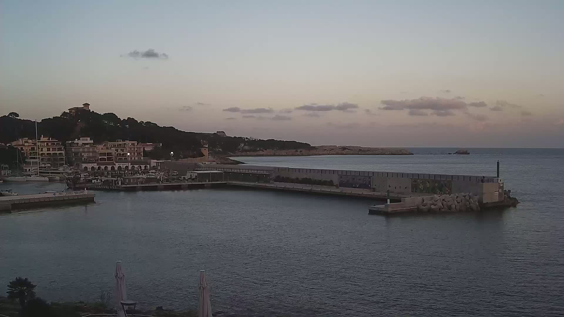 A harbor filled with boats is nestled beside a hill of buildings under a partly cloudy, dusky sky.