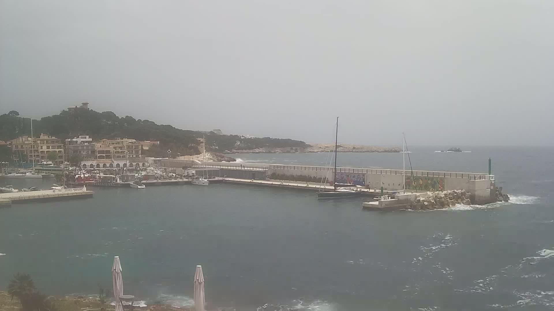 A harbor filled with boats is nestled between a hilly coastline under an overcast sky.