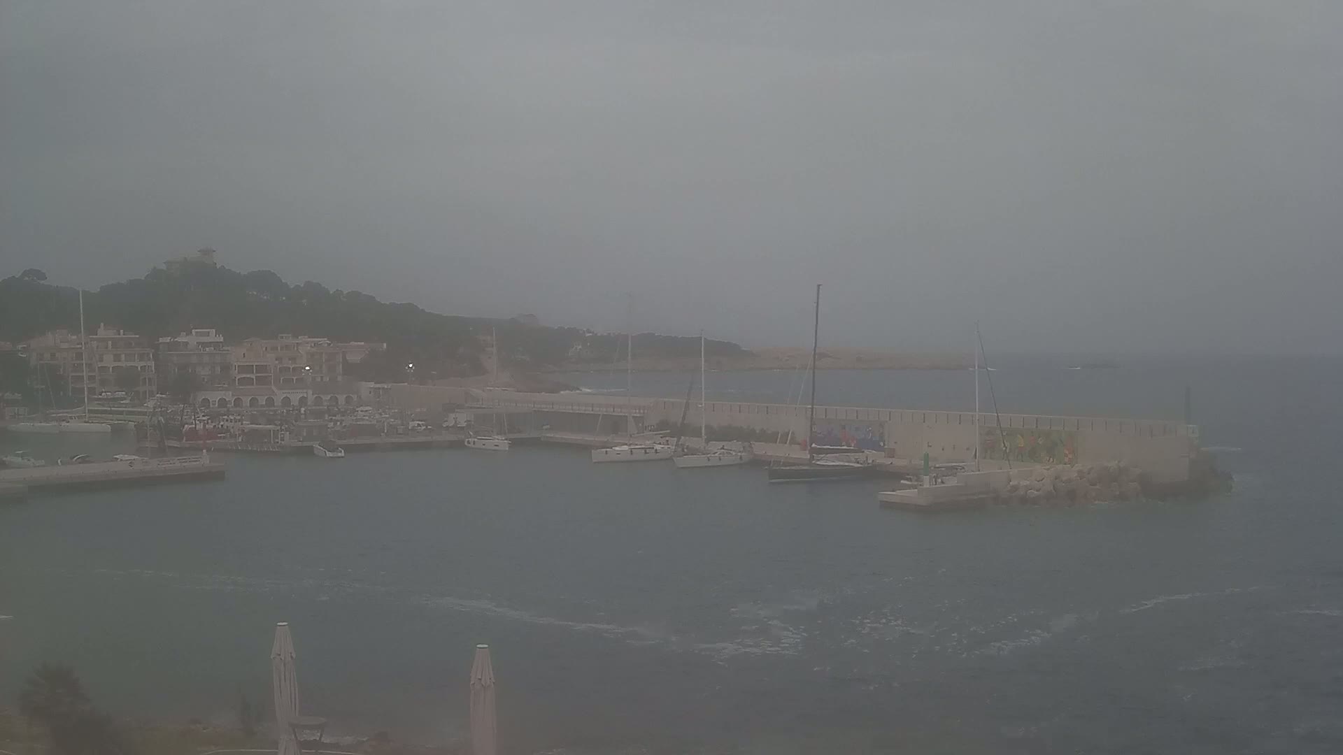 A hazy, overcast day reveals a harbor filled with boats, nestled beside a hillside town.