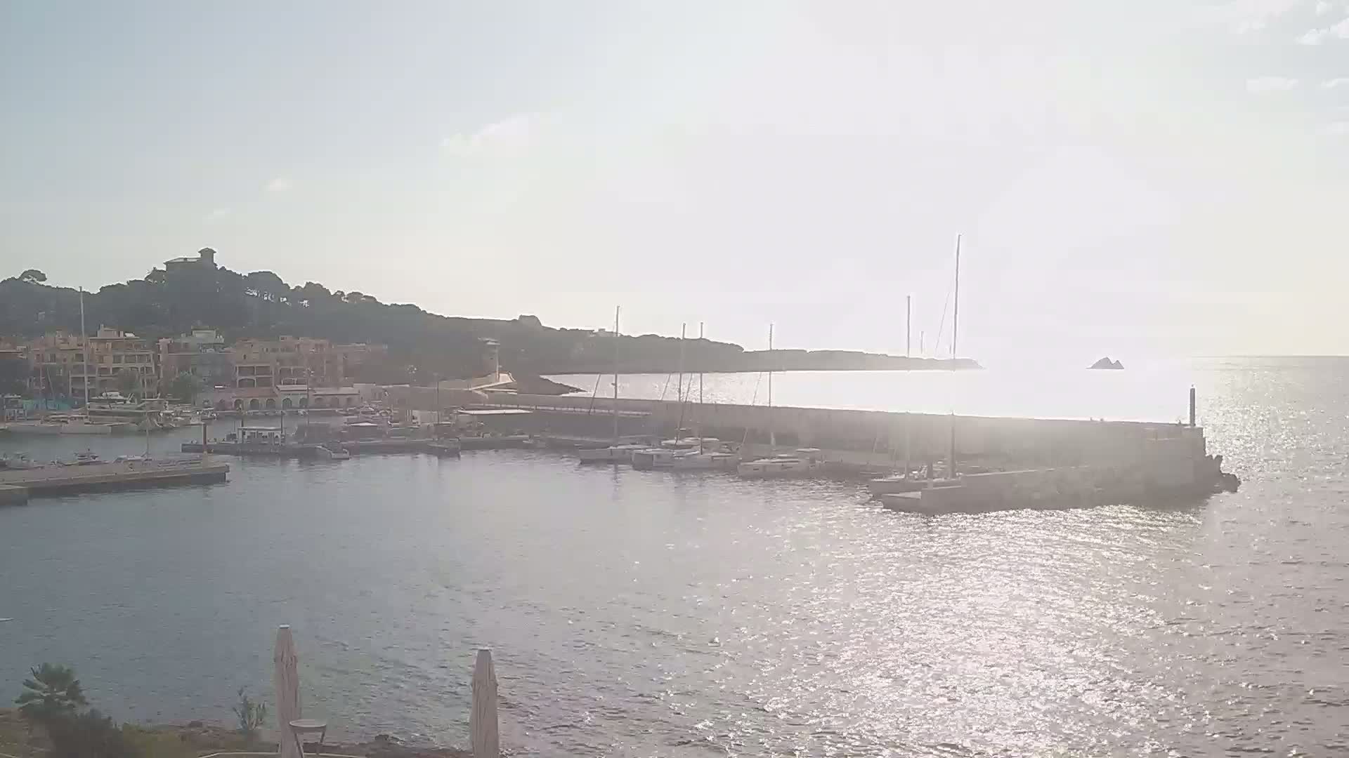 A marina filled with boats is nestled in a calm bay on a sunny day, with a hillside town visible in the background.