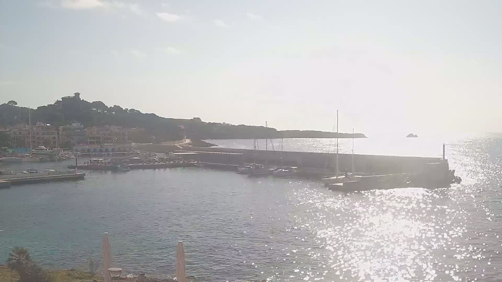 A small harbor filled with boats is situated next to a hill covered in vegetation, under a bright, sunny sky.