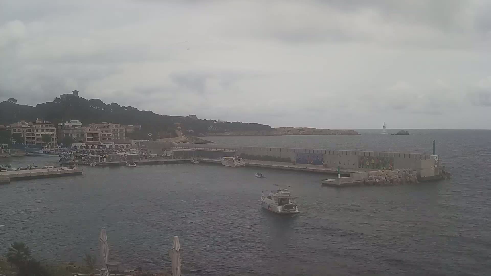 A harbor filled with boats is situated below buildings on a hillside under an overcast sky.