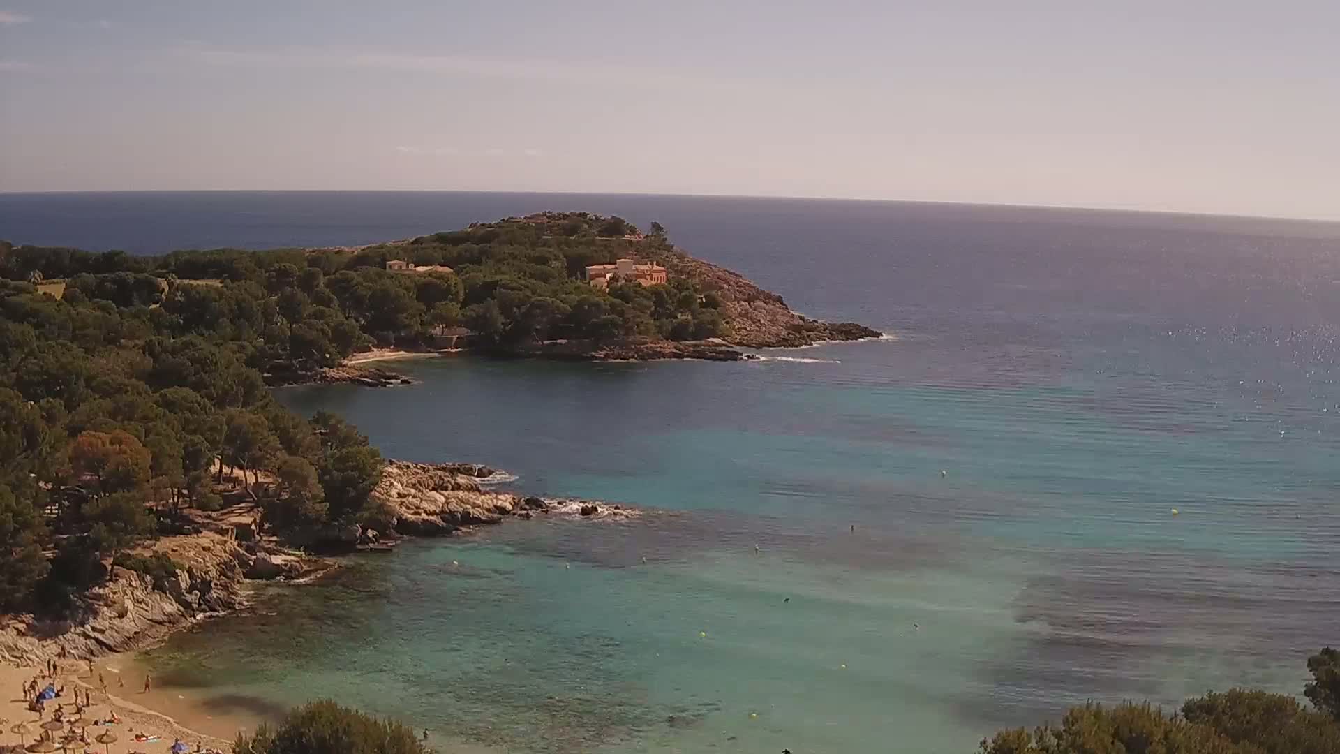 A secluded cove with a sandy beach, surrounded by pine-covered hills and clear, turquoise water under a sunny sky.