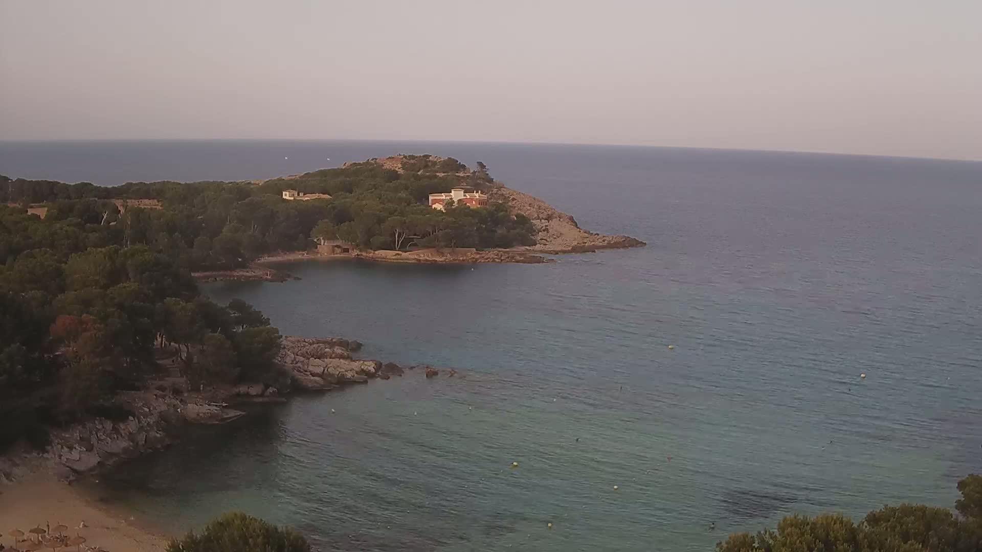 A tranquil cove with a small sandy beach is nestled amongst pine-covered hills, overlooking a calm, clear sea under a hazy sky.