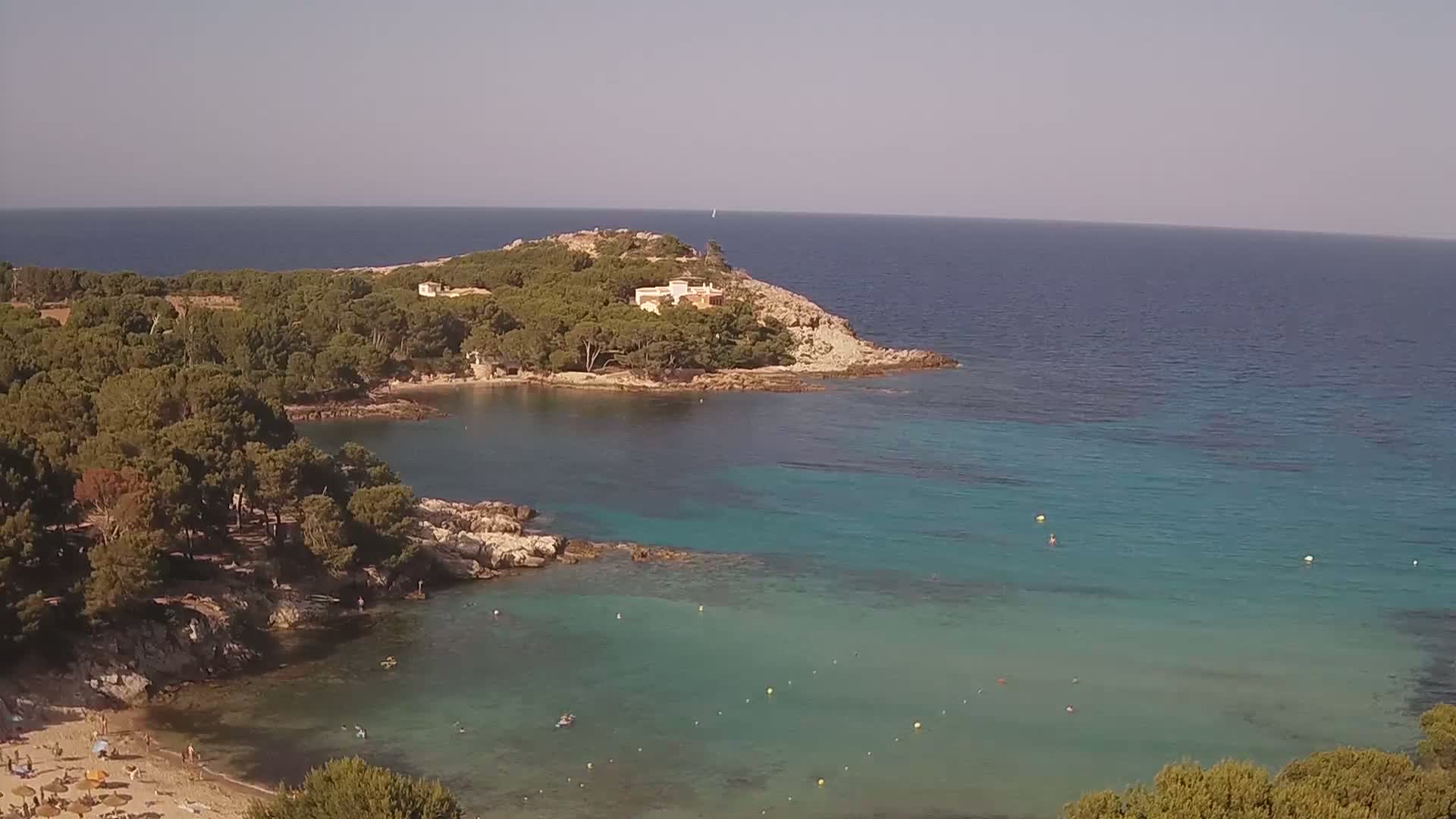 A secluded cove with clear, turquoise water is surrounded by pine-covered hills under a clear sky.