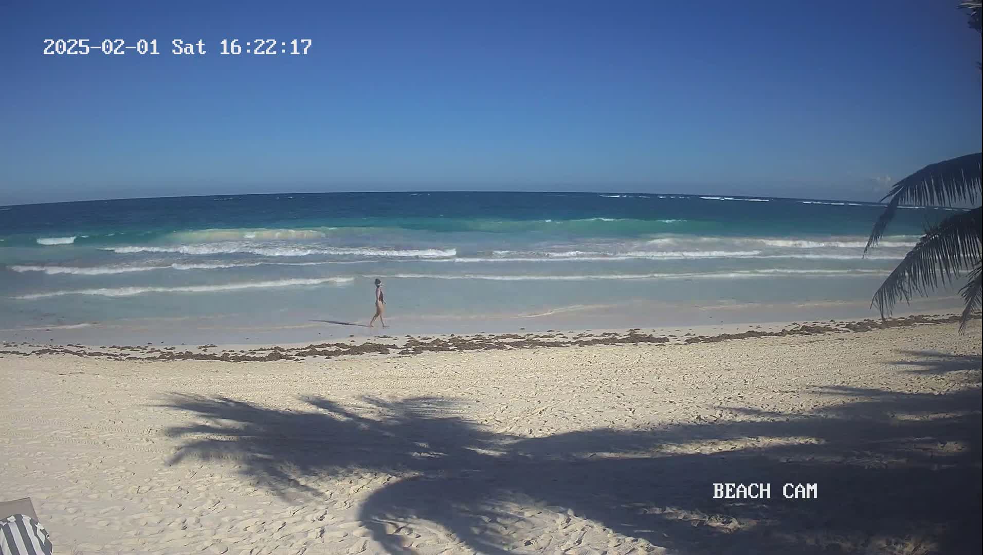 A person walks along a sandy beach with light-colored sand and small waves under a clear blue sky.