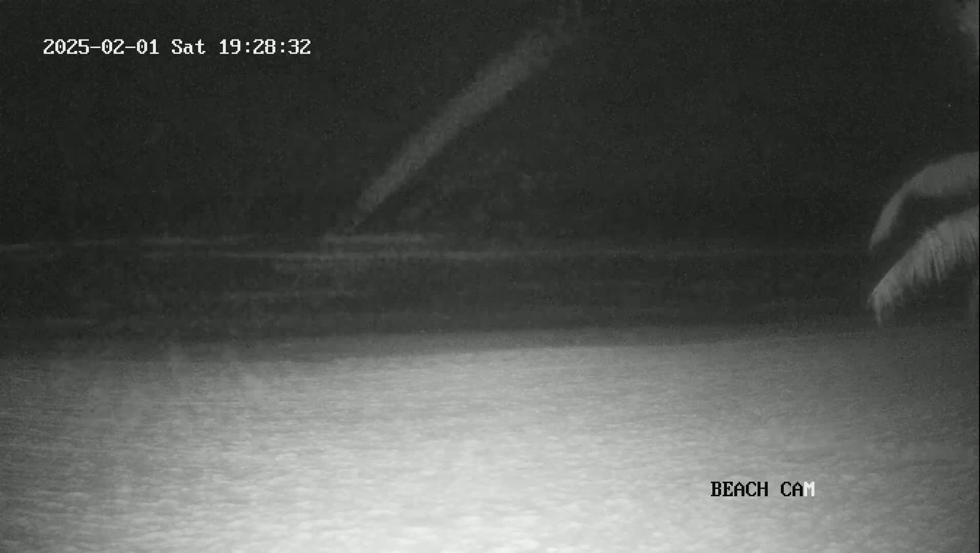 A nighttime beach scene is shown with dark water and lighter sand under a dark sky with some faint cloud or smoke-like features.