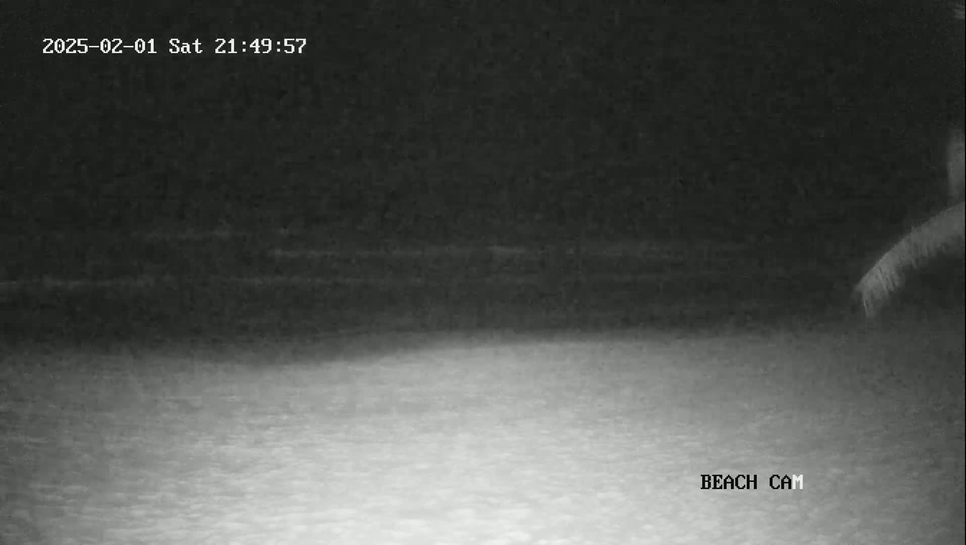 A nighttime, low-light beach scene shows dark water and sand under a dark sky.