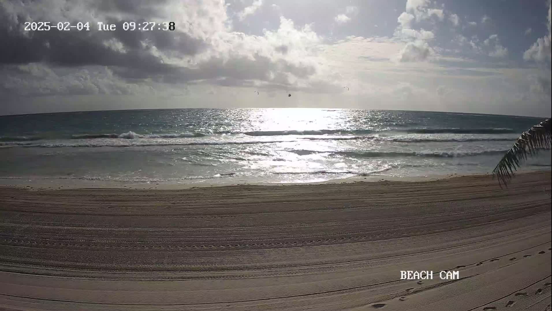 A sandy beach with tire tracks and footprints stretches toward a calm ocean under a partly cloudy sky, with several kitesurfing kites visible in the distance.