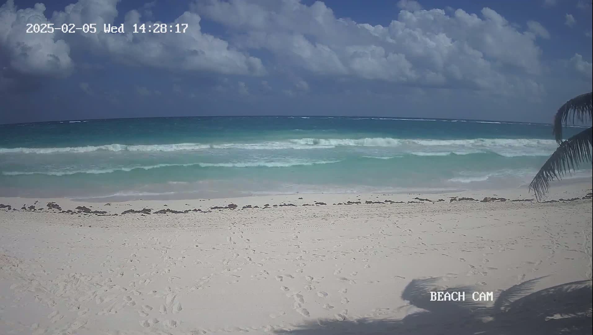 A mostly sunny day shows a white sand beach with footprints, seaweed near the waterline, and light waves rolling onto the shore under a partly cloudy sky.