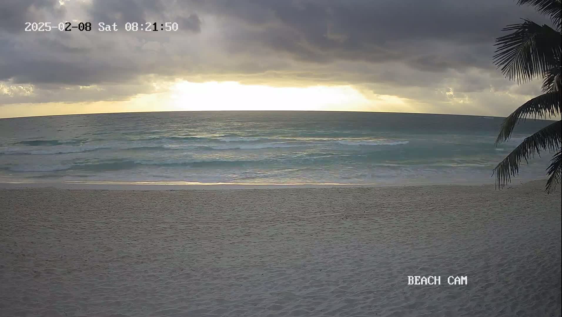 A sandy beach meets a calm ocean under an overcast sky with a hint of sunrise.
