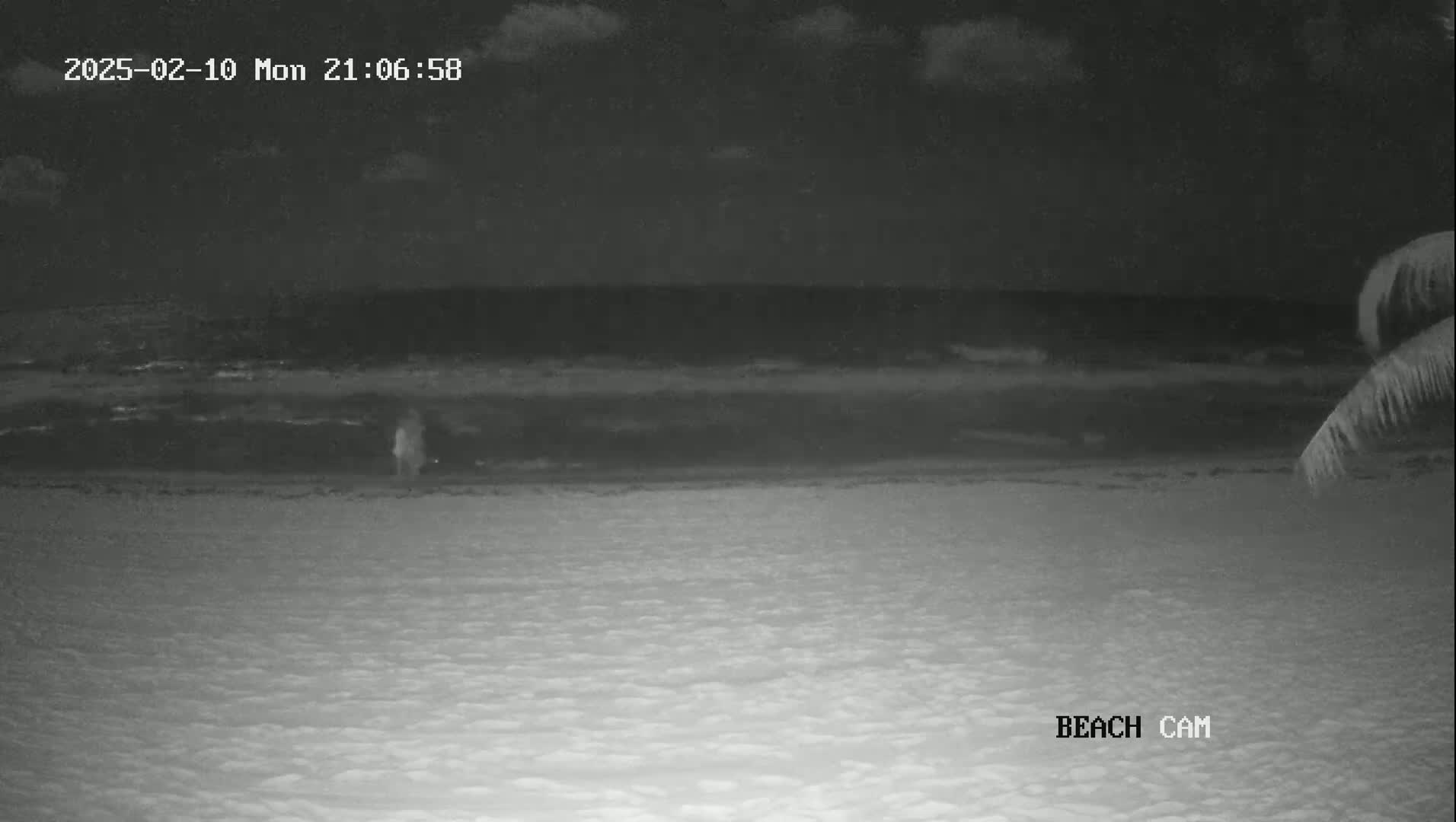 A nighttime beach scene shows a dark ocean with small waves and a mostly clear sky, with a single person visible on the sand near the water's edge under a partly cloudy night sky.