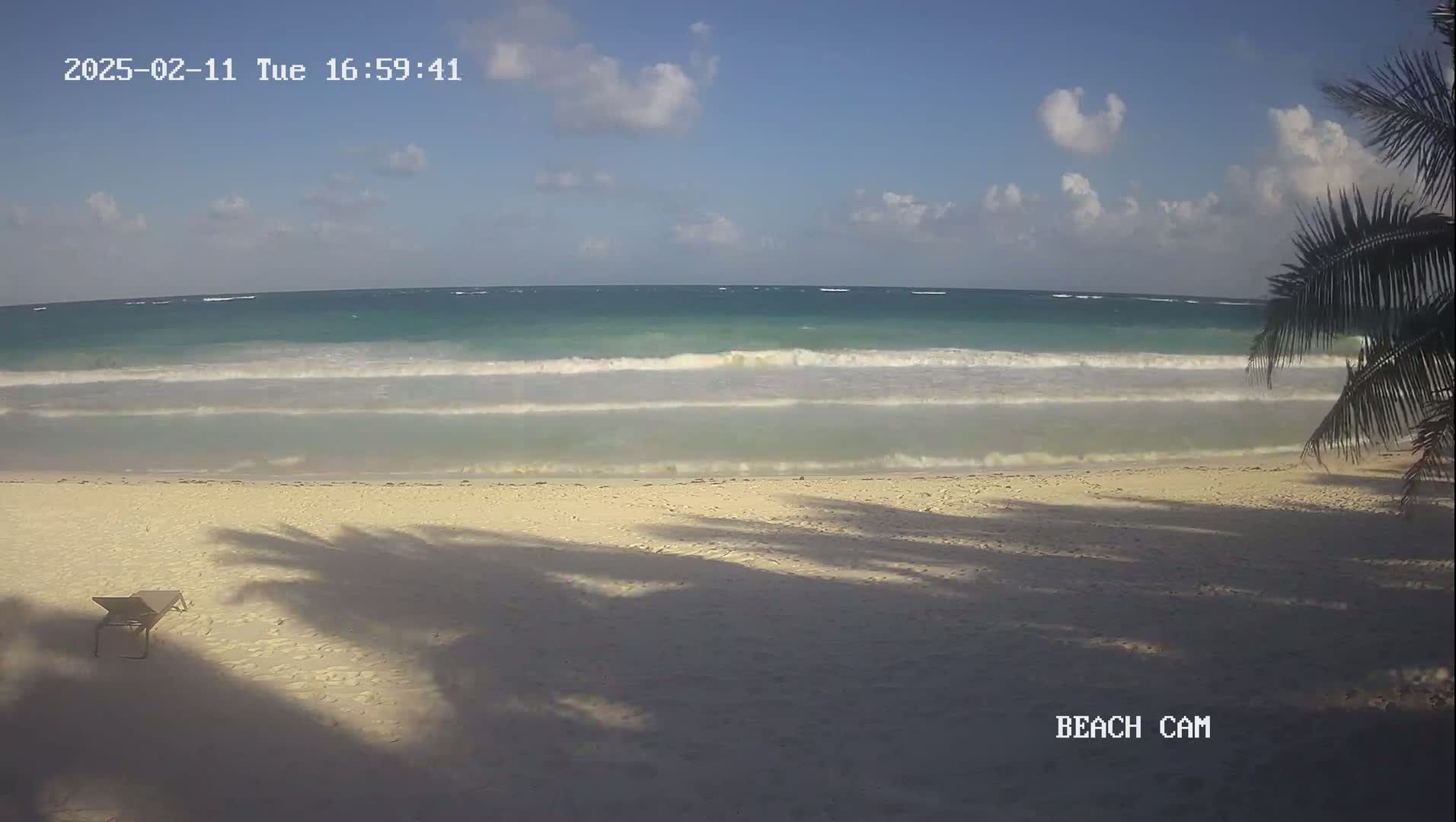 A mostly sunny day shows a sandy beach with gentle waves lapping the shore, a lone chair sits on the sand, partially shaded by palm trees.