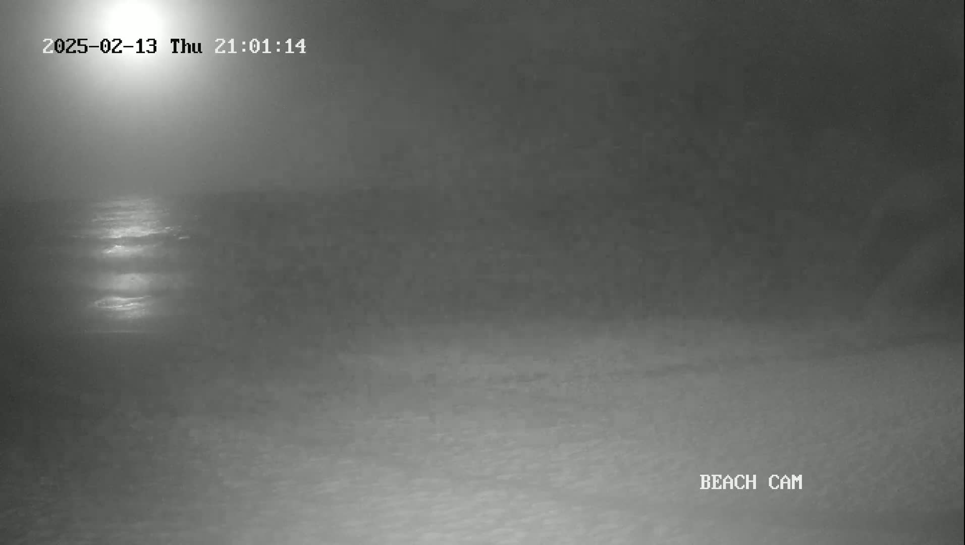 A nighttime, hazy view of a dark beach and calm ocean with the moon or a bright light reflecting on the water.