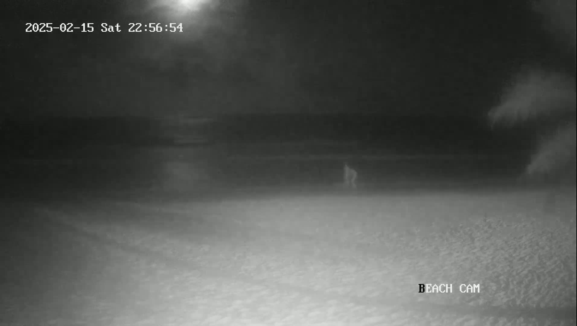 A grainy, nighttime image shows a person walking on a beach under hazy conditions near a dark body of water.