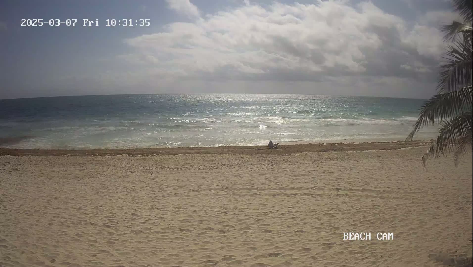 A sandy beach with a partly cloudy sky overlooks a moderately wavy ocean.