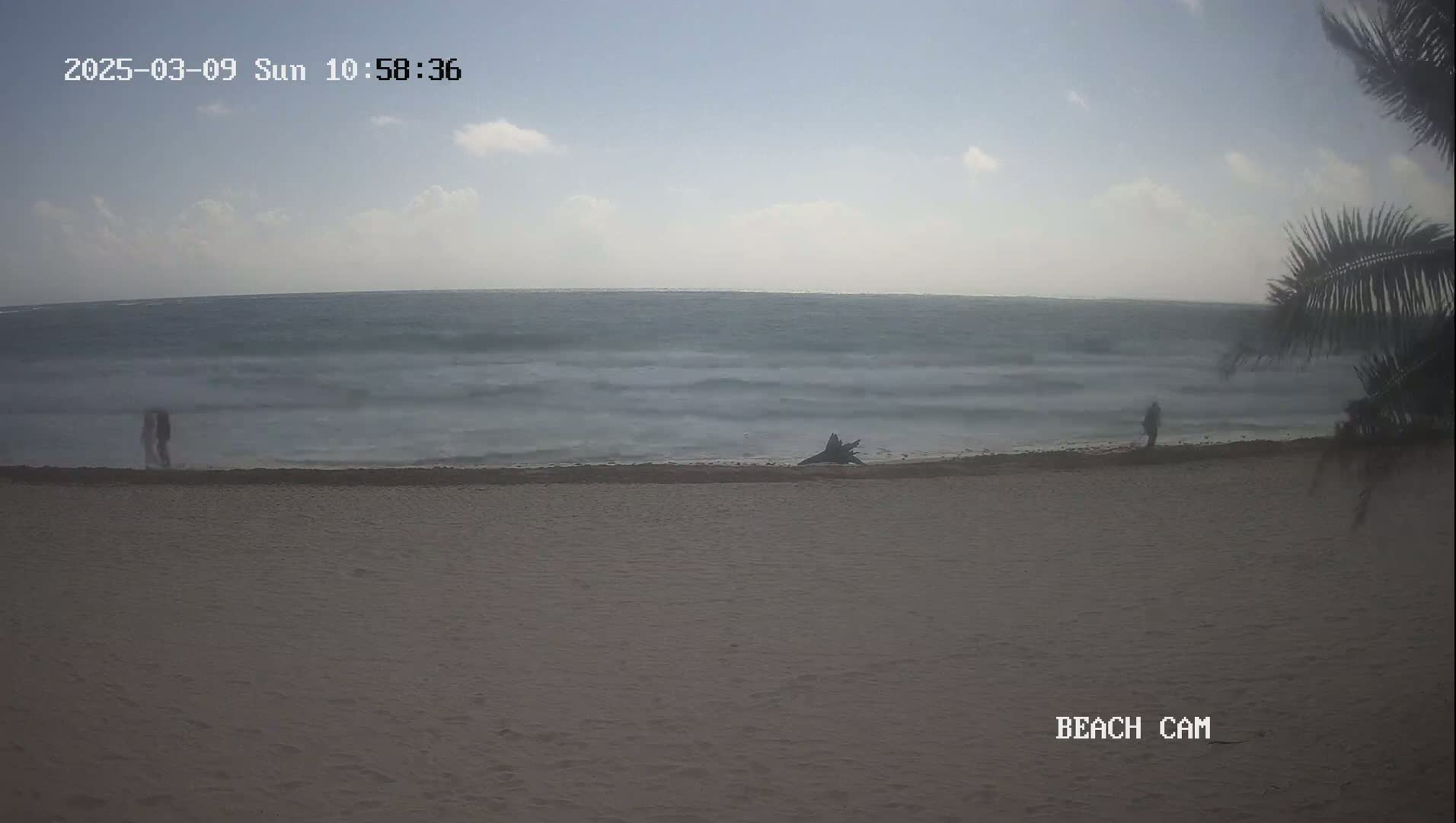 A mostly sunny beach scene shows a wavy ocean under a partly cloudy sky, with a few people walking along the shore.