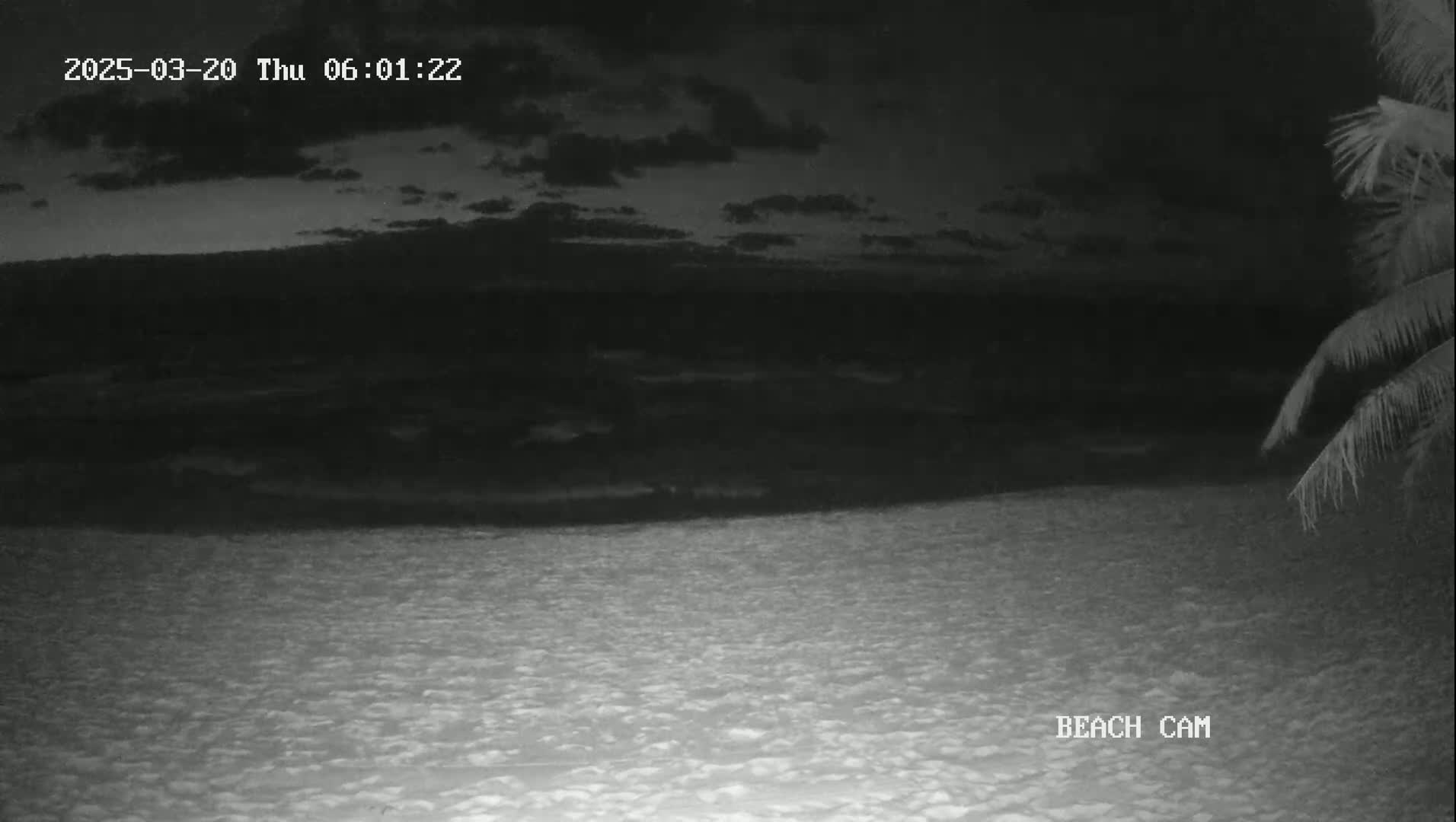 A nighttime beach scene under a partly cloudy sky shows dark water and sand.