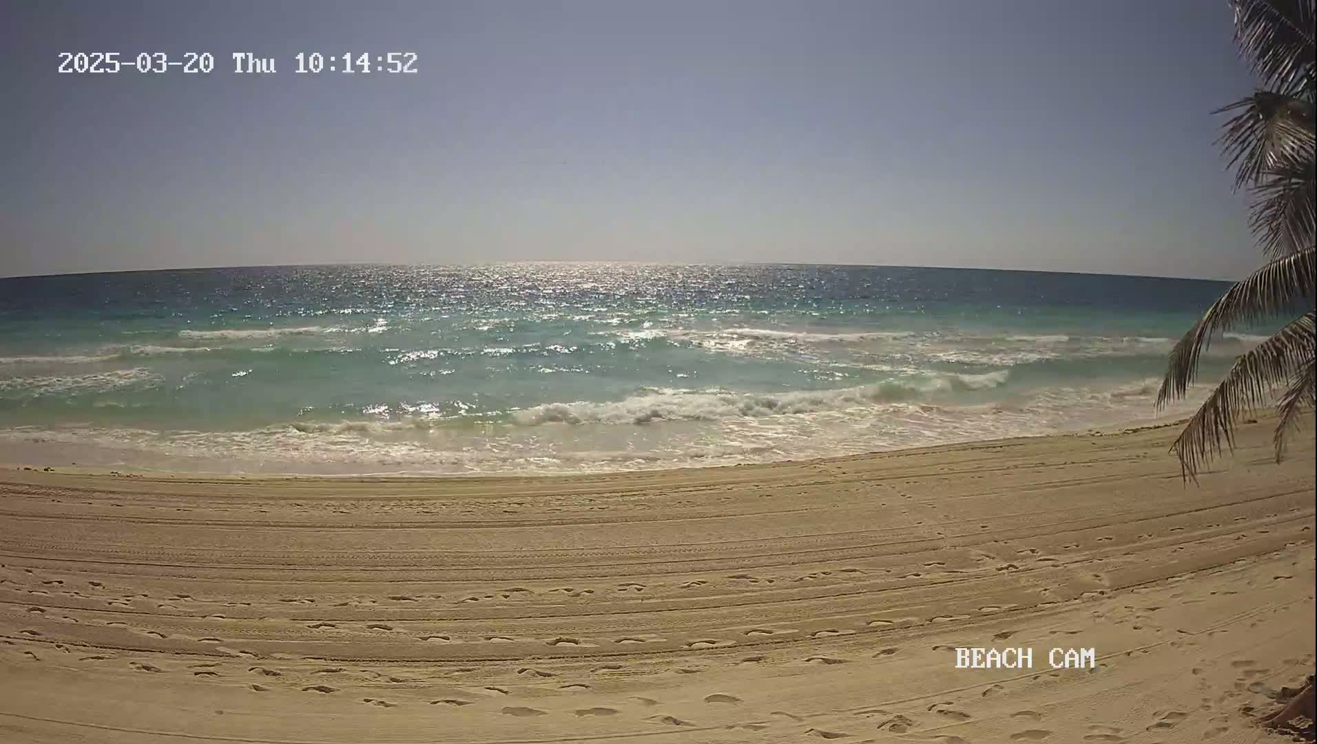 A sandy beach with footprints shows gentle waves lapping the shore under a sunny sky.
