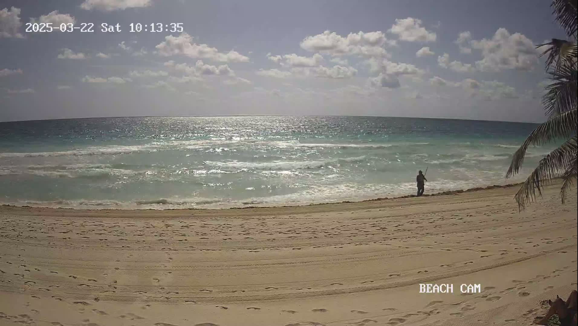 A person stands on a sandy beach fishing in moderately wavy ocean water under a partly cloudy sky.