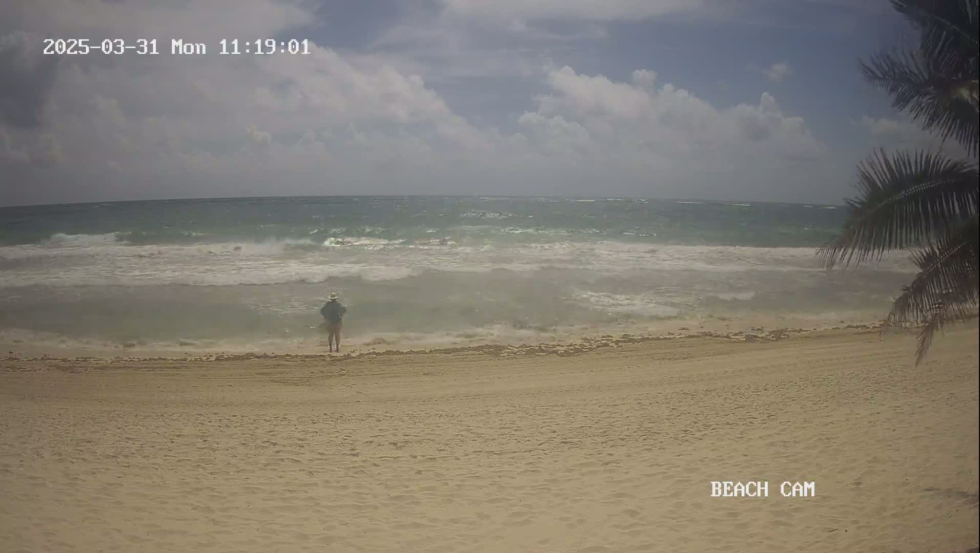 A person stands on a sandy beach facing choppy ocean waves under a partly cloudy sky.