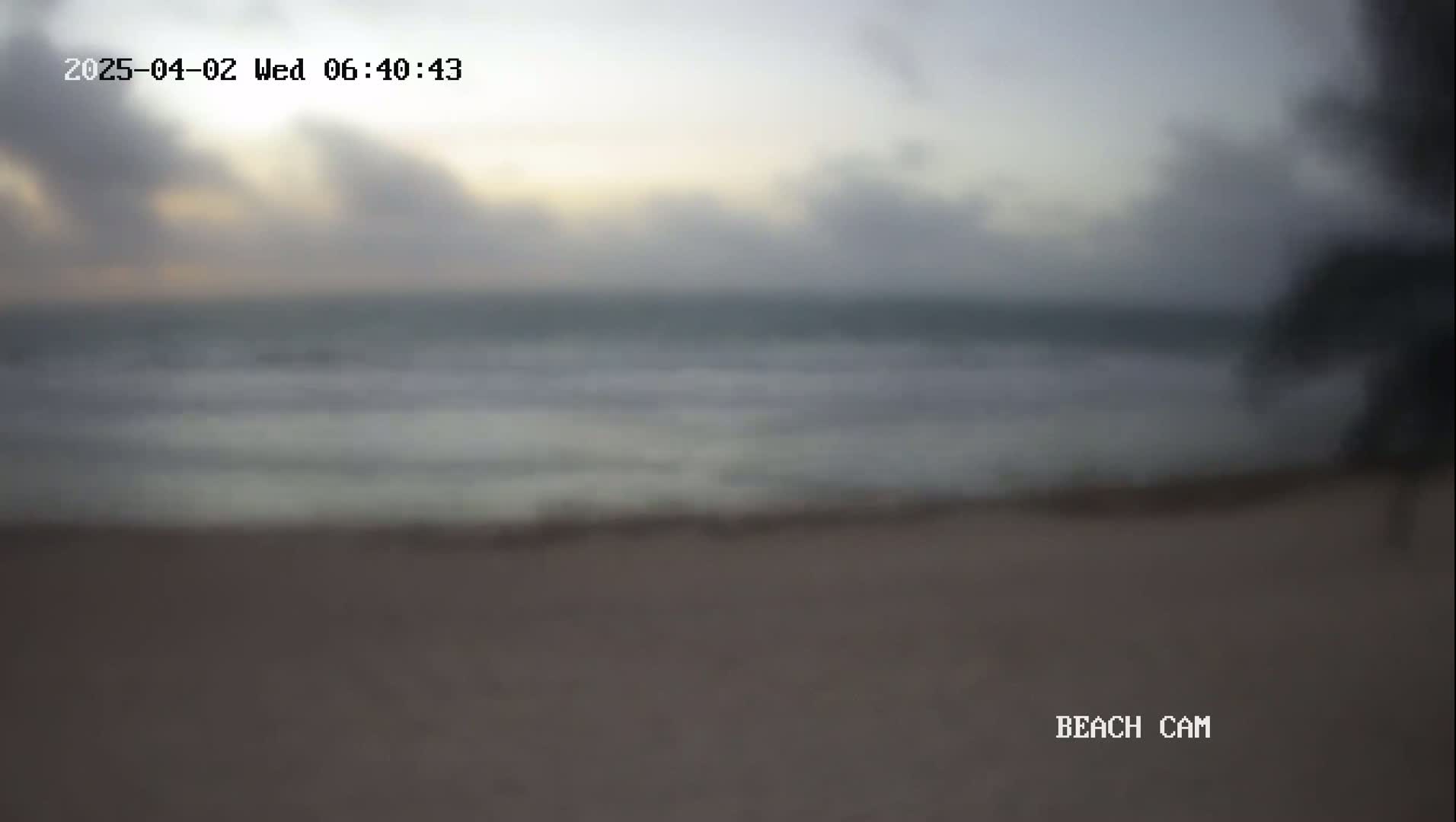 A blurry image shows a beach with a calm ocean under an overcast sky.