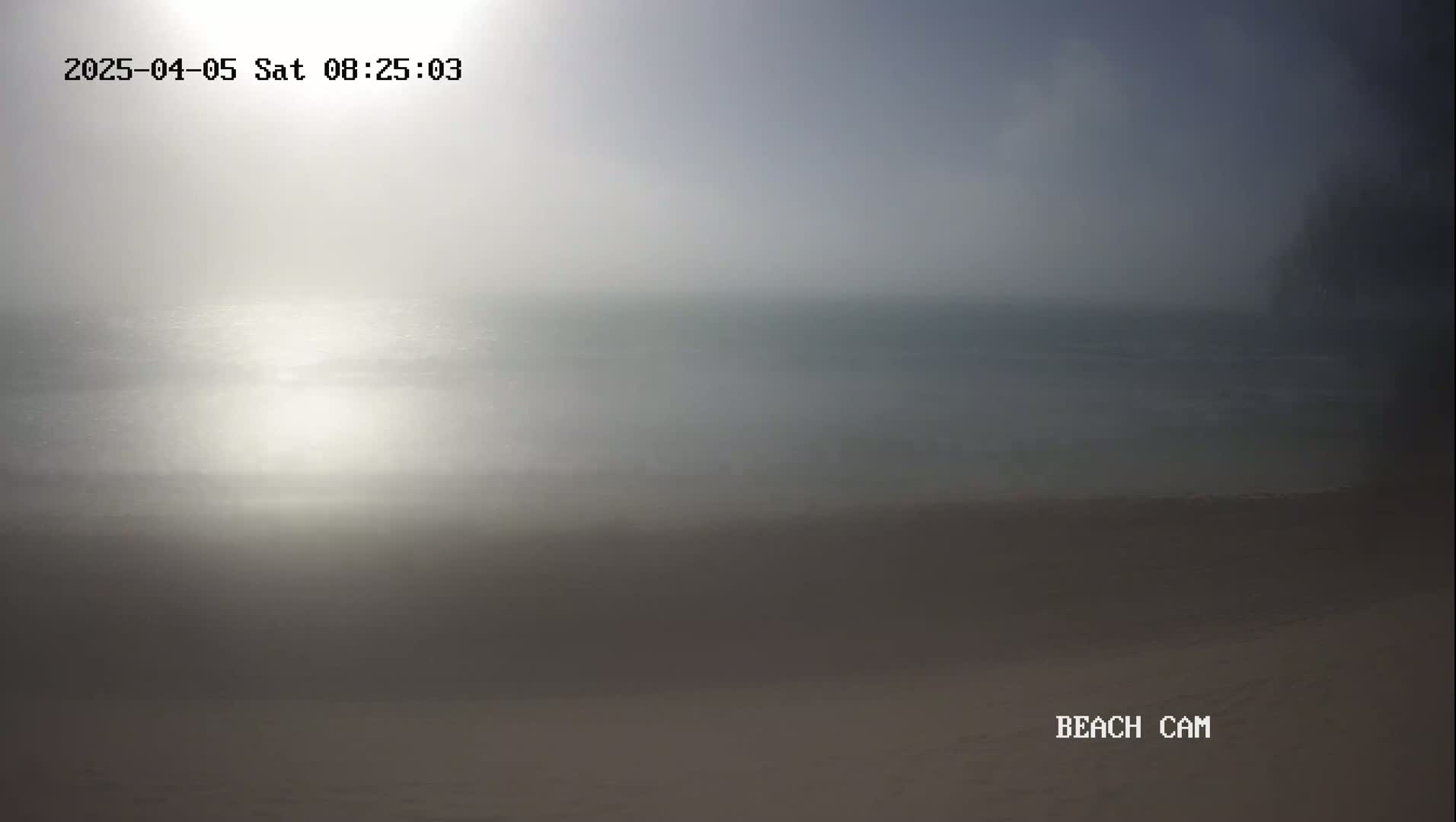 A hazy, sunlit beach scene shows a calm ocean meeting a dark sandy shore.
