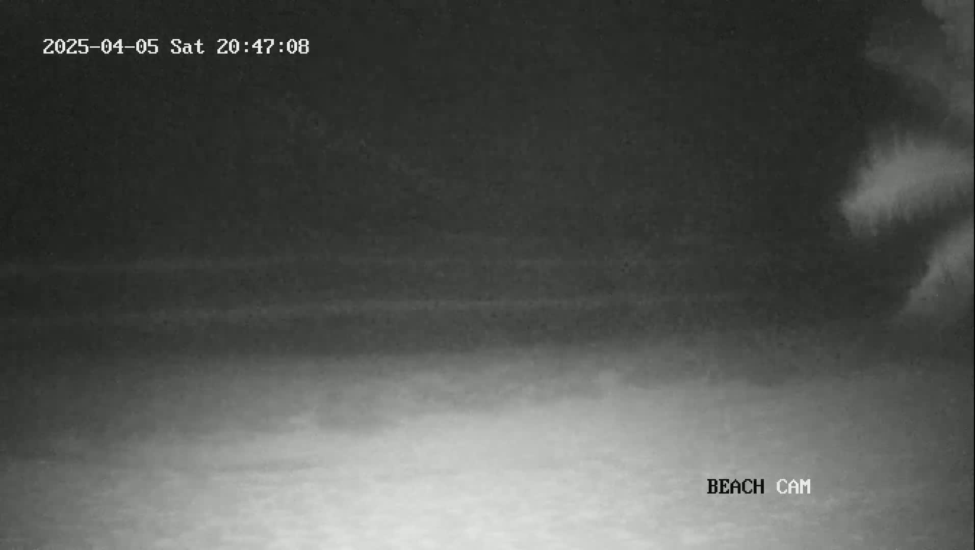 A nighttime beach scene under a cloudy, dark sky.