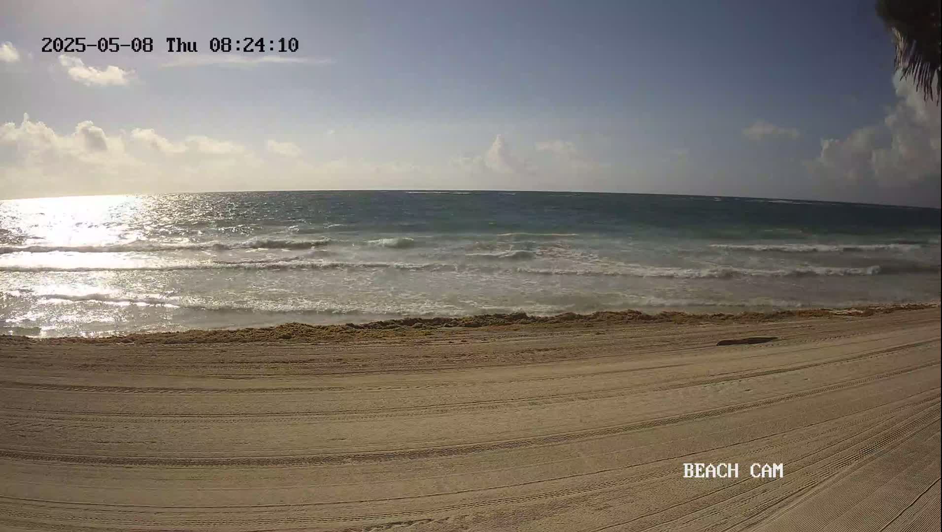 A sandy beach with tire tracks stretches to a gently waving ocean under a partly cloudy sky.