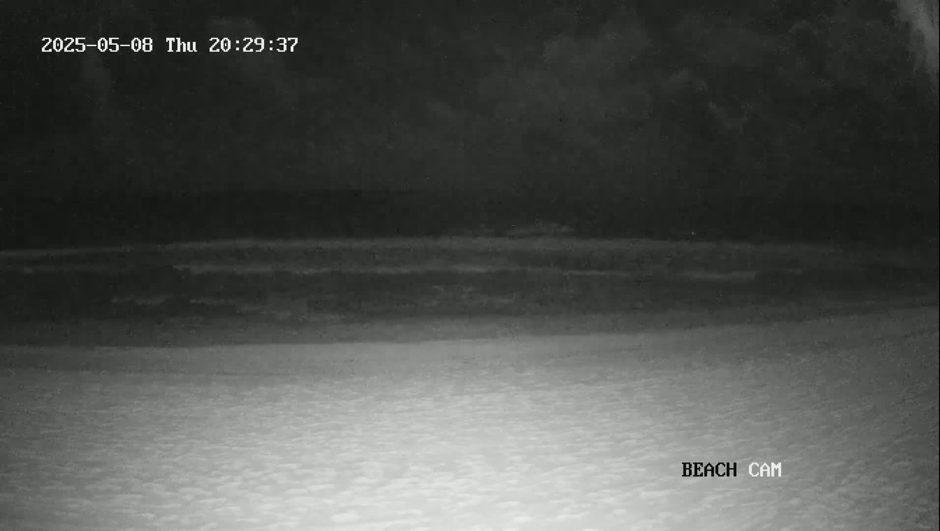 A dark, nighttime beach scene shows a dark ocean and a light-colored sandy shore.
