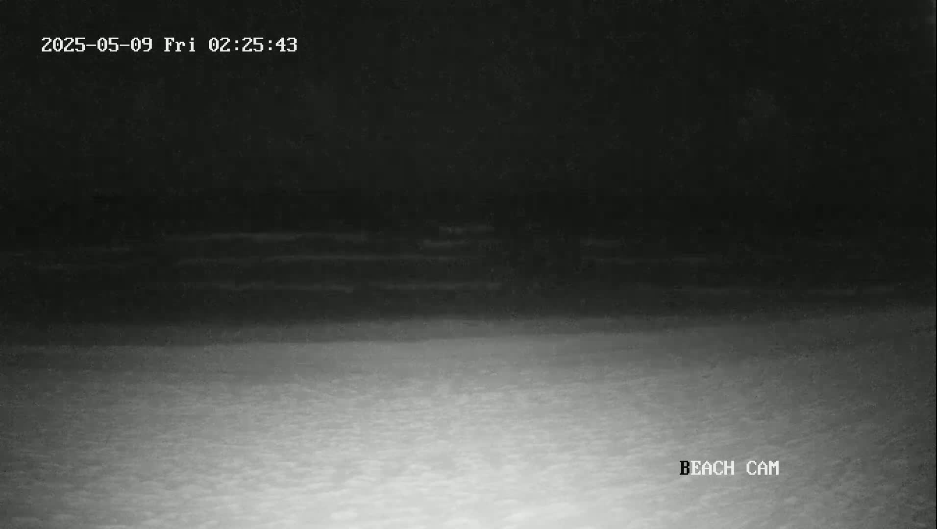 A dark beach at night shows a dark body of water meeting a lighter colored sandy shore under a clear, dark sky.