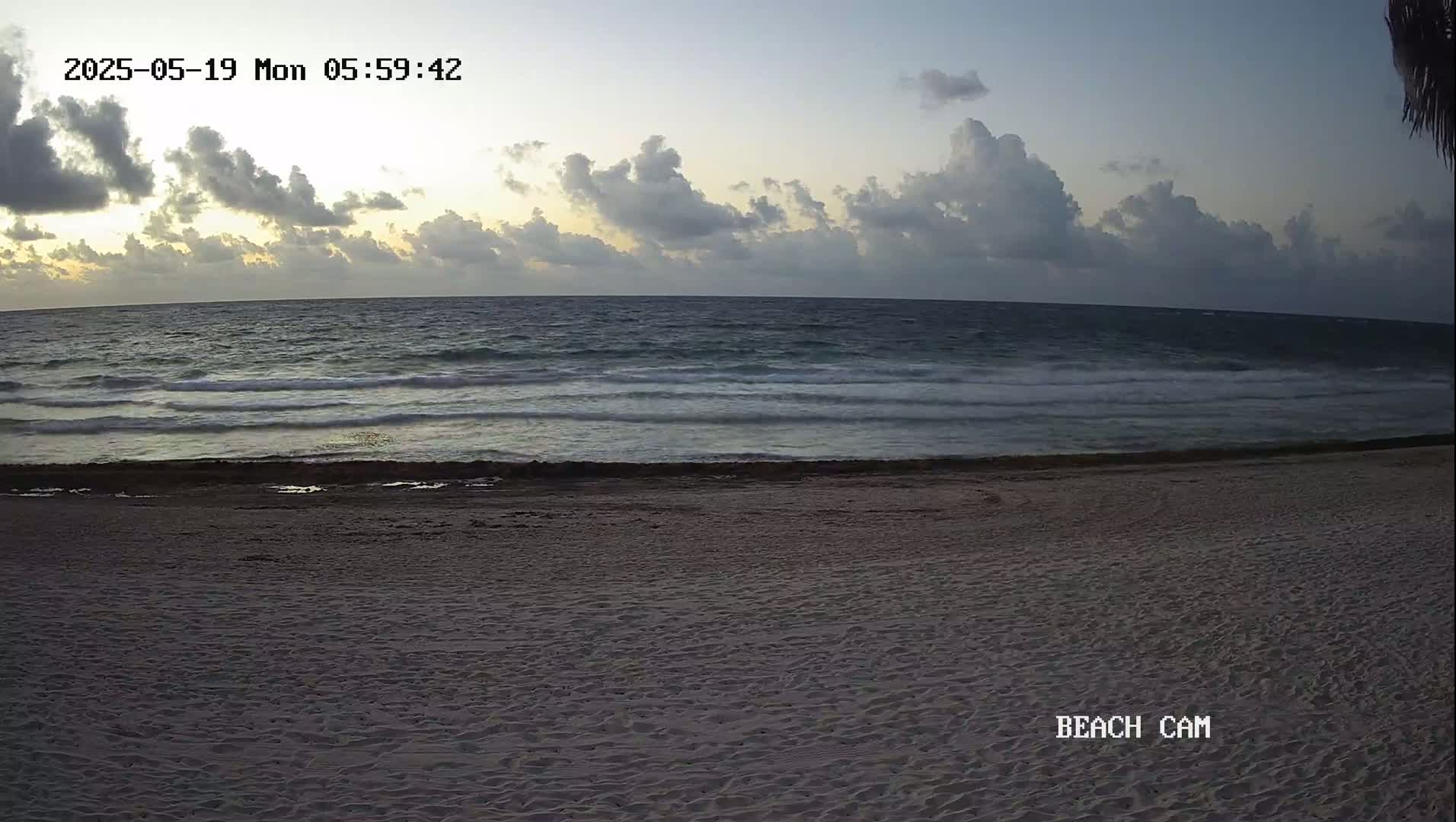 A sandy beach with footprints stretches toward a gently waving ocean under a partly cloudy, pre-dawn sky.