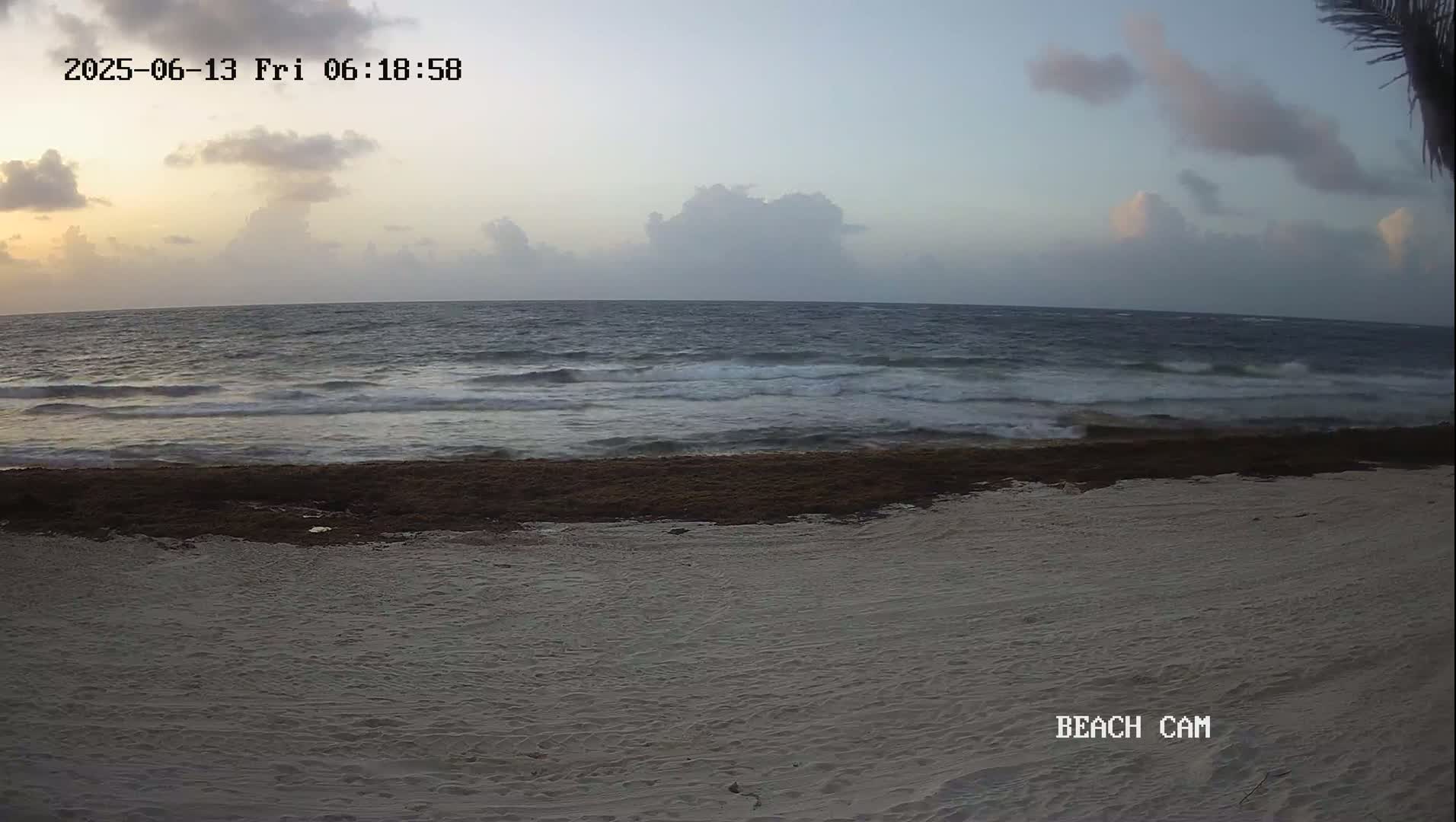 A sandy beach with seaweed at the high tide line is shown, with a somewhat choppy ocean under a partly cloudy sky.