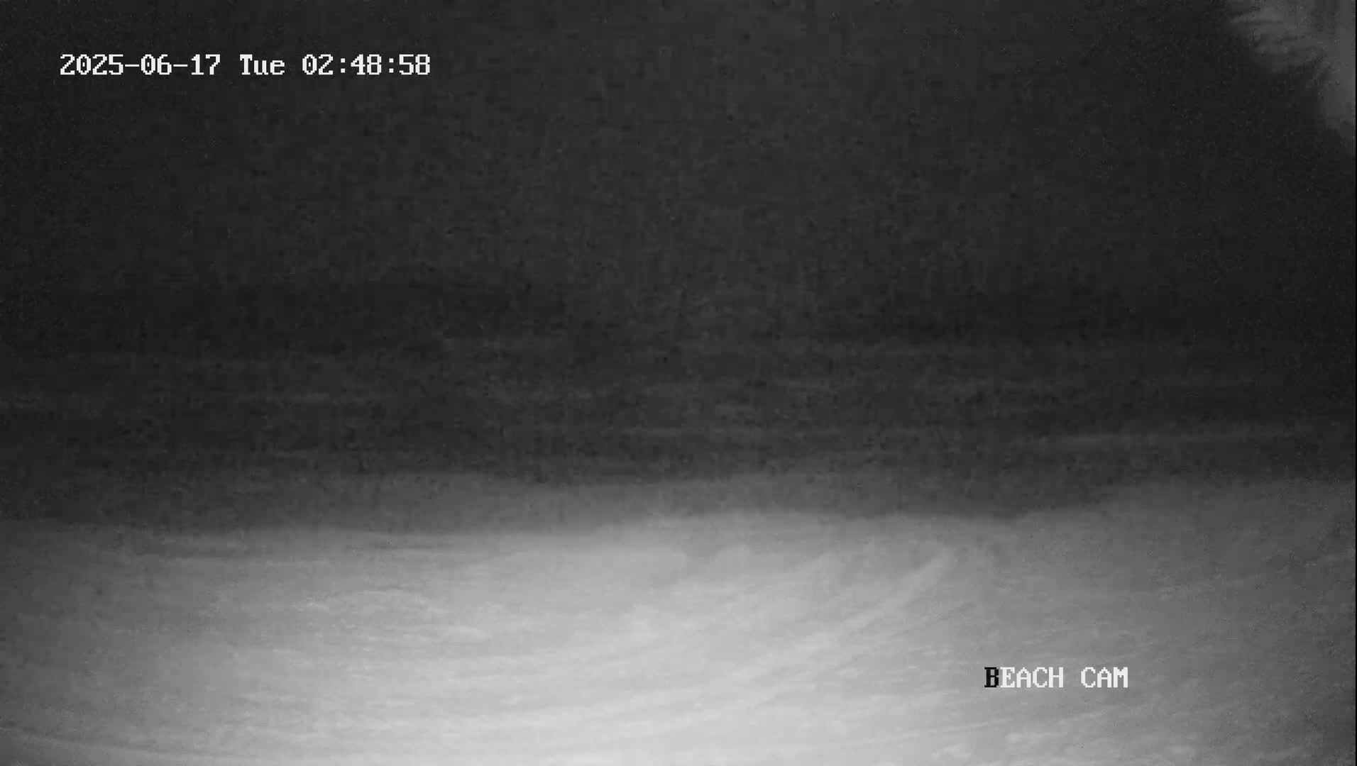 A nighttime beach scene is shown, with dark sand or beach visible in the lower portion of the frame and a darker sky above.