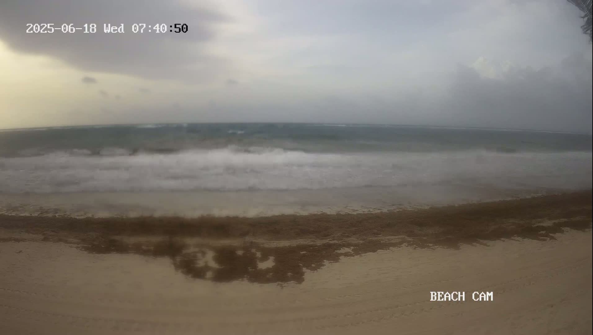 A sandy beach with a dark brown seaweed line is seen under an overcast sky with a choppy ocean in the background.